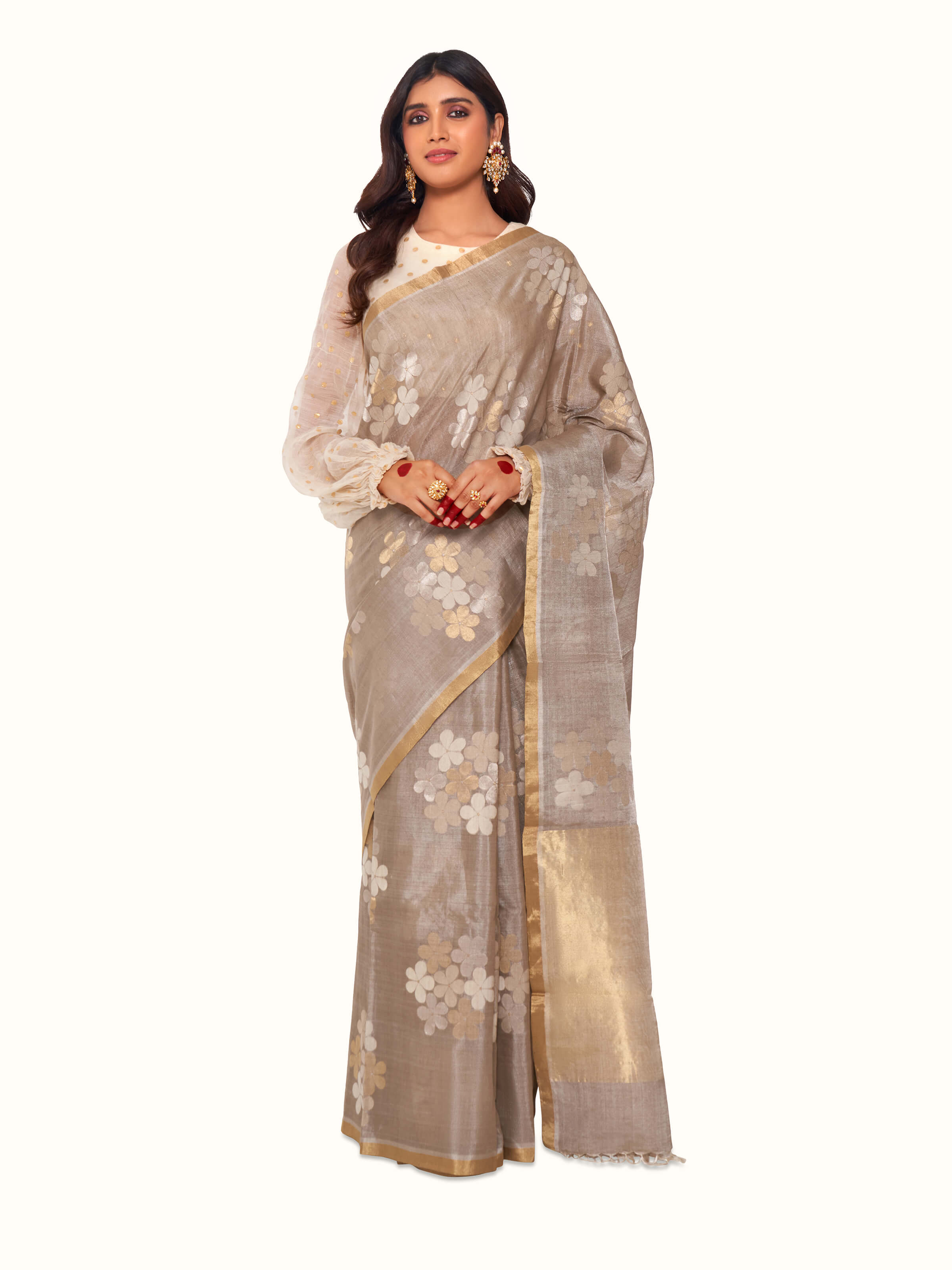 Front view of grey tussar silk saree with subtle natural silk texture