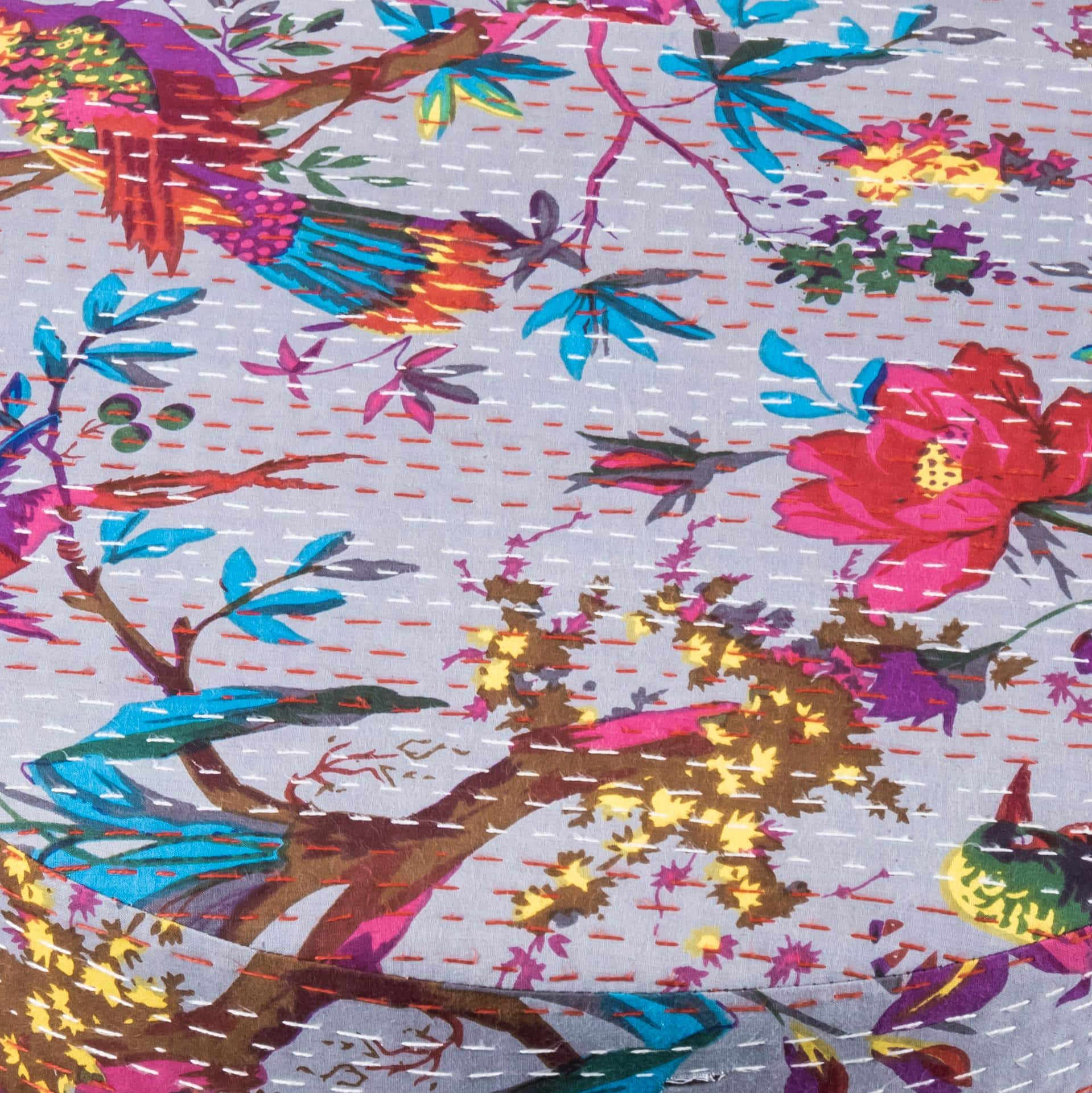 Collio Solid Wood Pouffee in Bird Print Grey Kantha Fabric