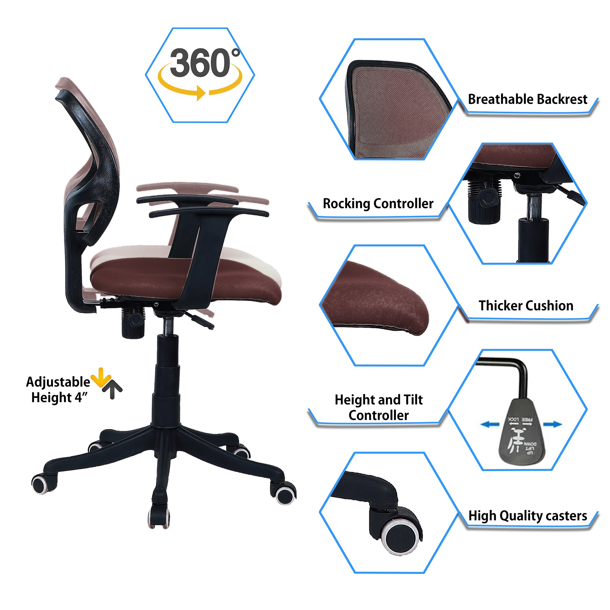 Jaazza Low Back Ergonomic Chair in Brown Colour
