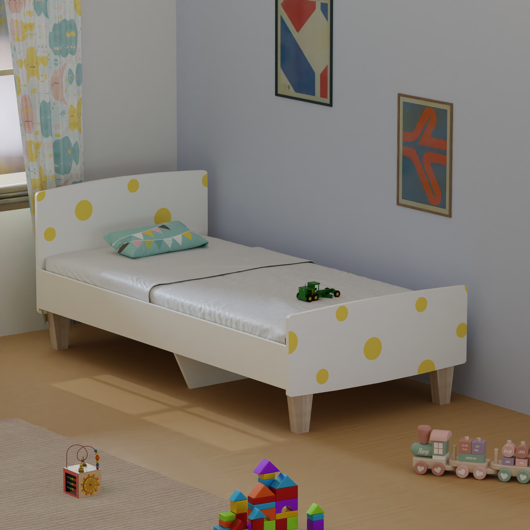 Minimalist Kids Single Bed in White and Yellow