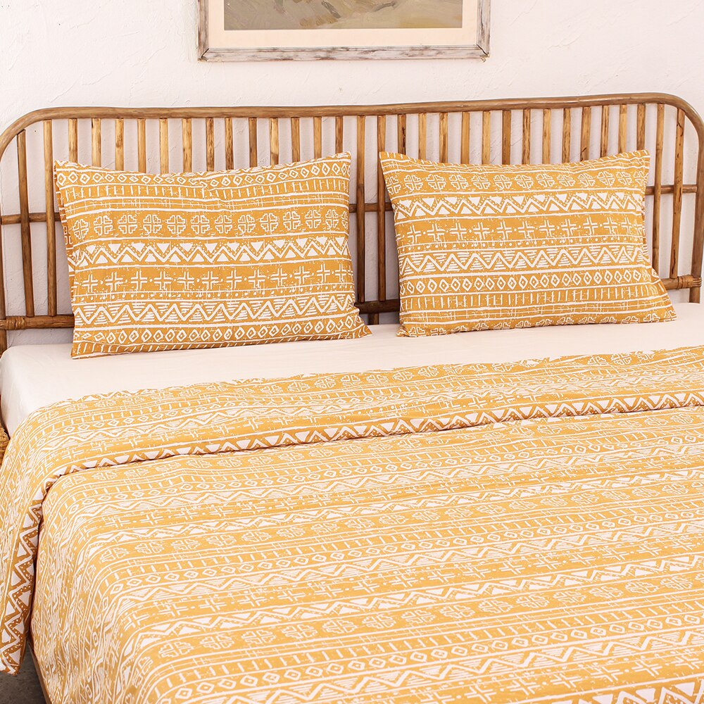 Kullu Patti 1 Double Bed Sheet & 2 Pillow Covers + 1 Double Duvet Cover with Yellow colour
