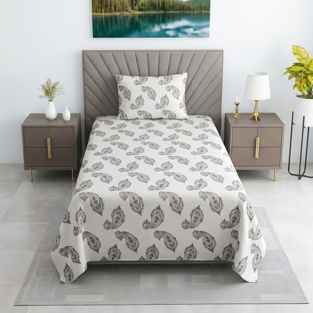 Black And White Floral 330 Tc  Cotton Flat  Single Bed Size Bedsheet With 1 Pillow Cover - Threads