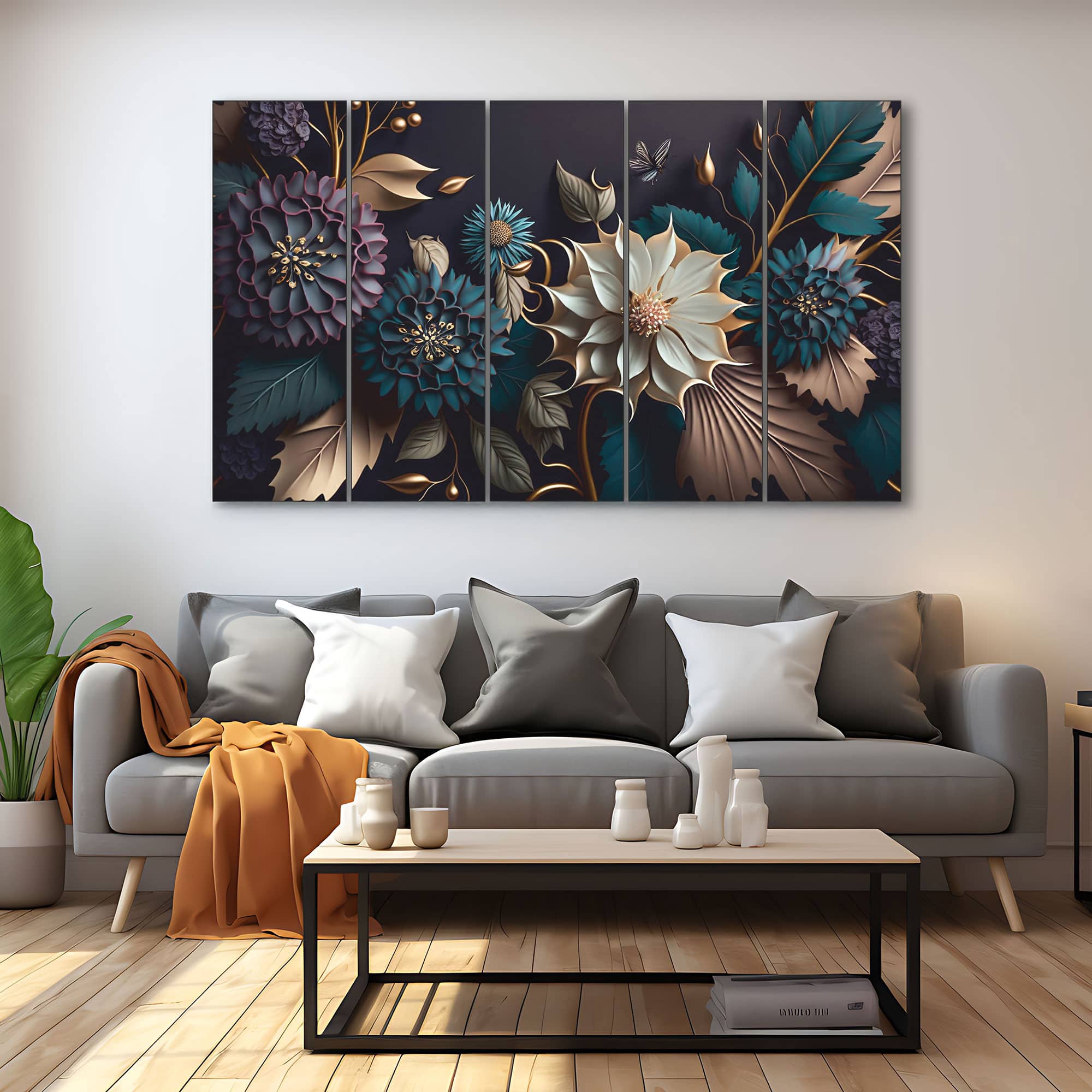 The Castle Decor Golden Touch Flower Wall Art Set of 5 Wooden Framed Digital Painting 27x48 Inch - The Castle Decor