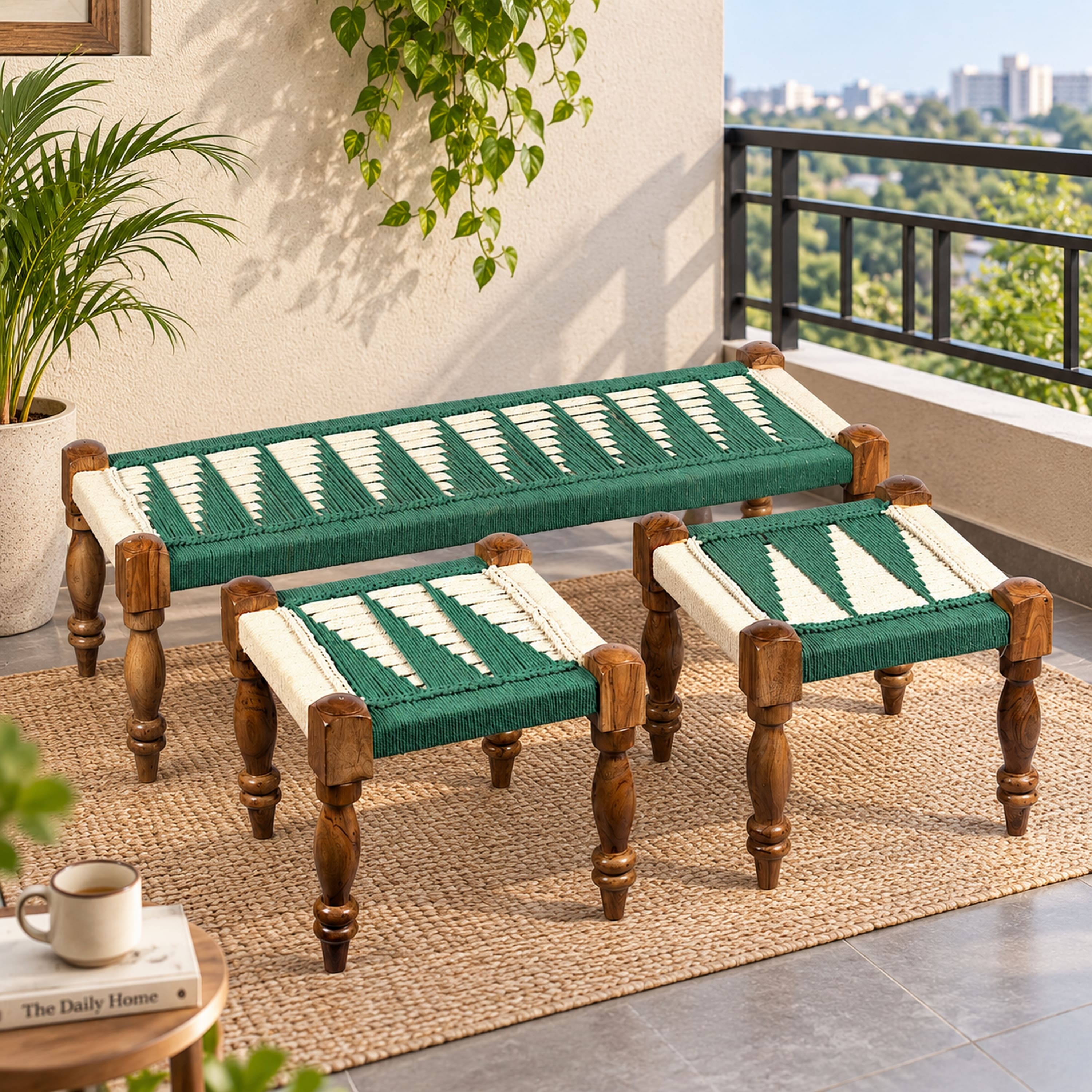Hamilton Sheesham Wood Vintage 3 Seater Maachi Balcony Bench with 2 Stools in Green and White