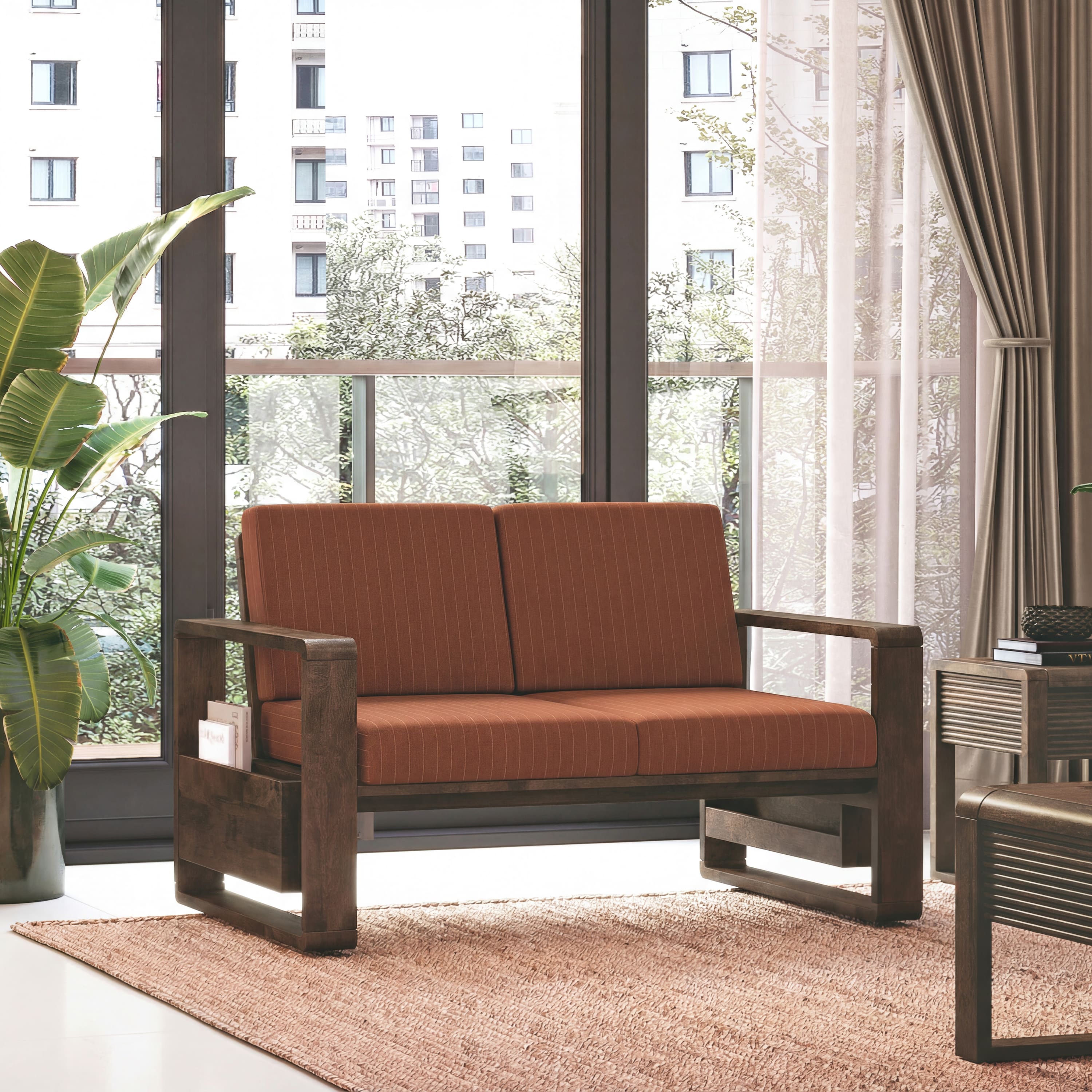 Moreno 2 Seater Solid Wood Sofa in Danish Walnut Finish and Terracotta Stripe Fabric - Urban Ladder