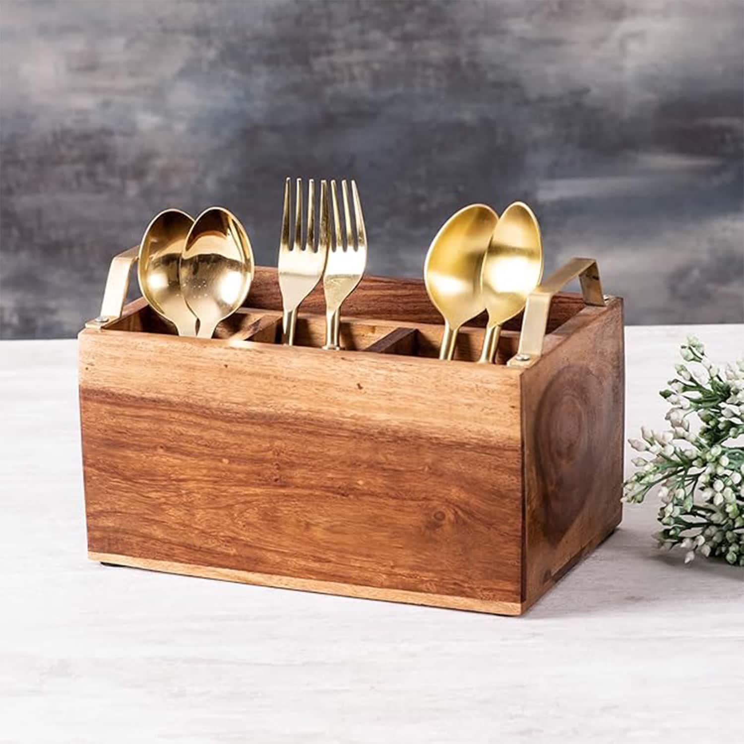 Inseparables Teak Wood Spoon Stand Gold