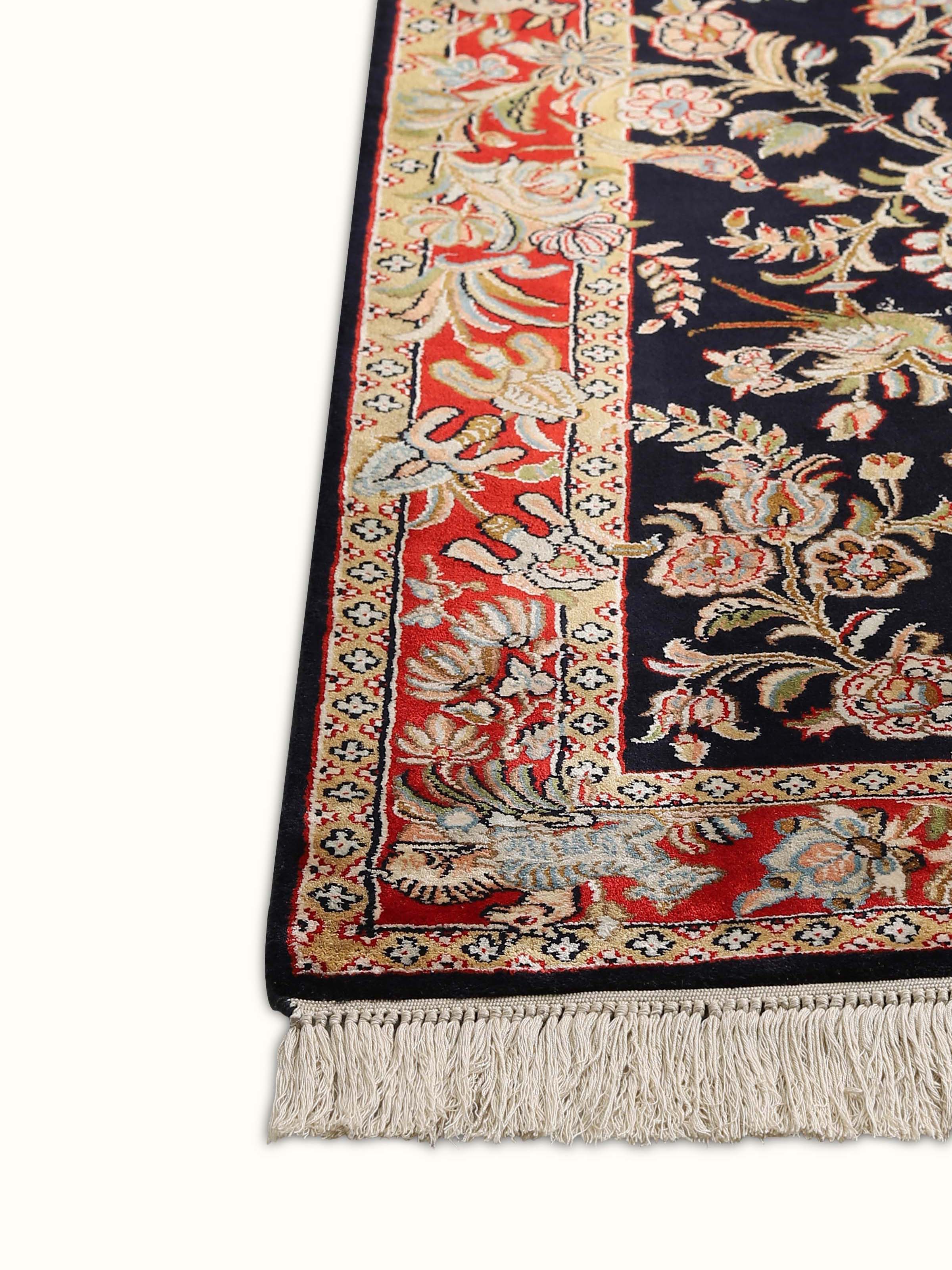 Traditional Persian Black Garden Kashmir Silk Hand-knotted Rug