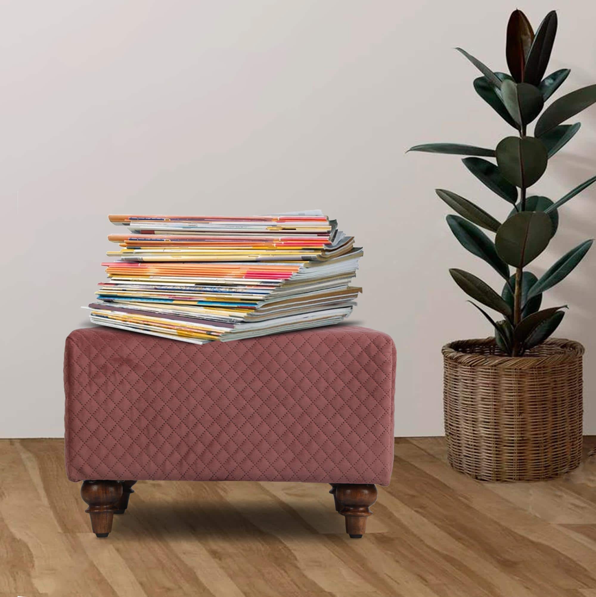 Lucian Solid Wood  Ottomon in  Pink Colour