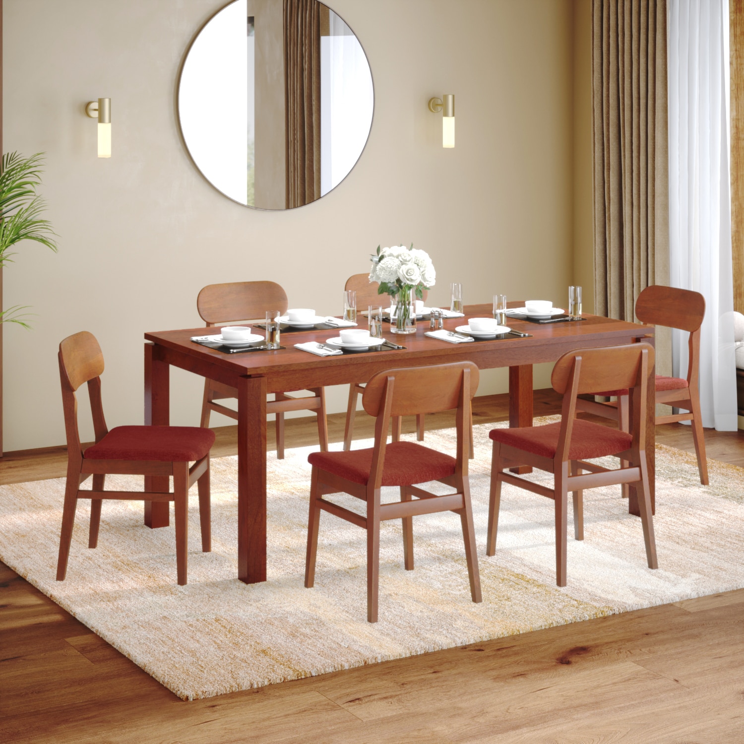 Atlas Solid Wood 6 Seater Dining Table With 6  Lunar Dining Chairs (Finish : Honey, Chair Colour : Dark Coral) - Urban Ladder