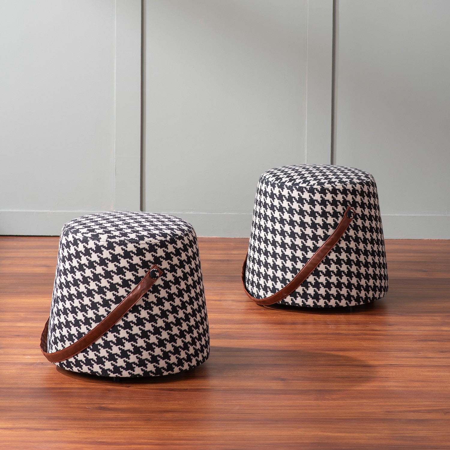 Hoist Collection Black & White Houdstooth Pouf With Faux Leather Strap Set Of 2 - Nestroots