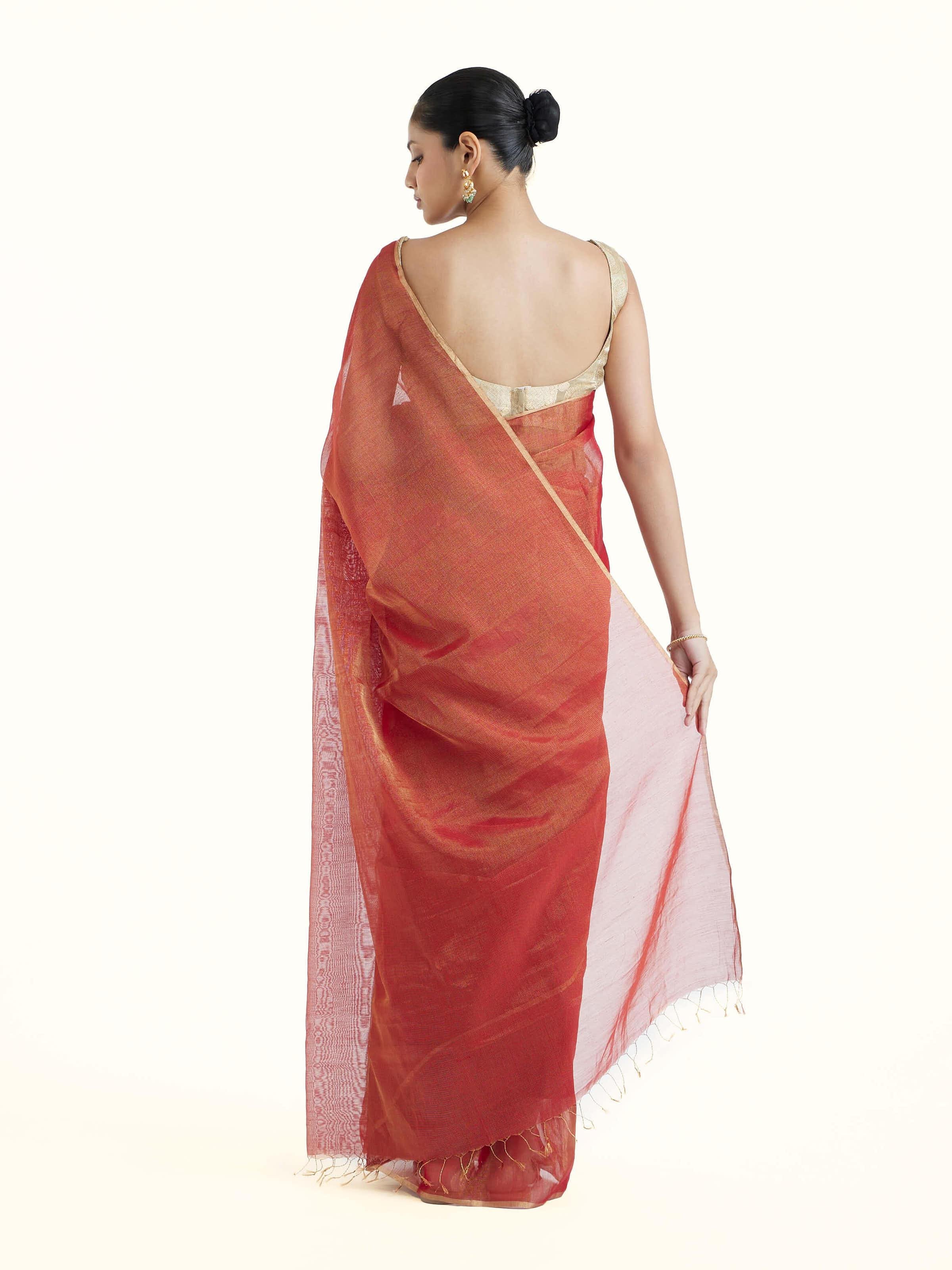 Back view of red cotton silk Maheshwari saree displaying pallu design