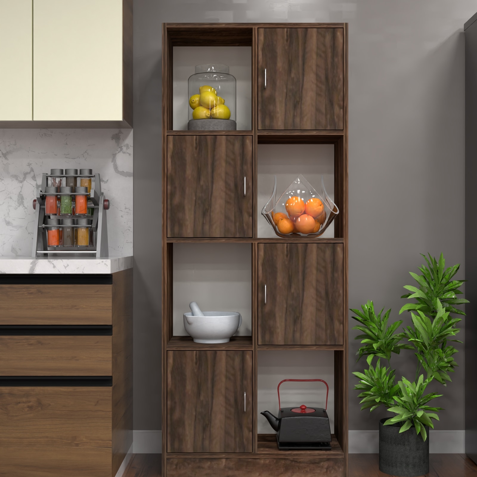 8 Shelves Semi Open Multipurpose Matrix Kitchen Cabinet In Cochwood Brown Finish - Speciality Panels