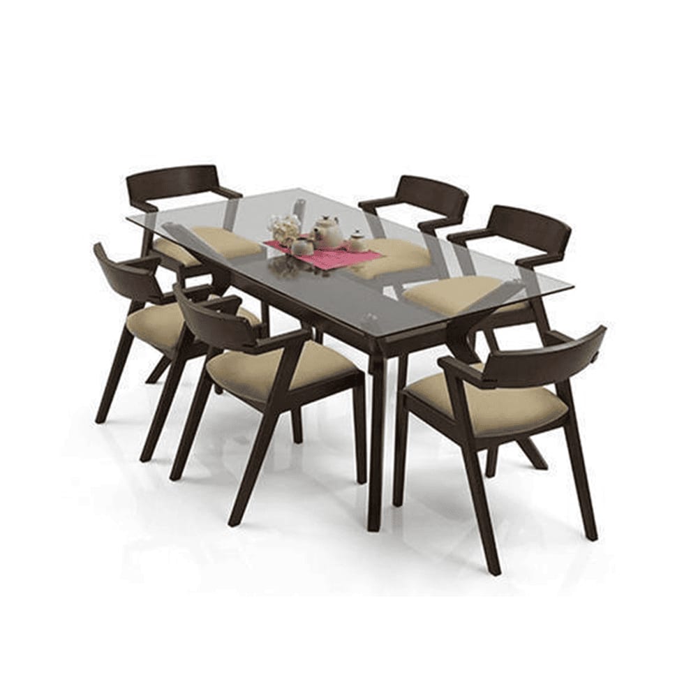Wesley - Thomson 6 Seater Dining Table Set (Colour- Beige, Finish- Dark Walnut)