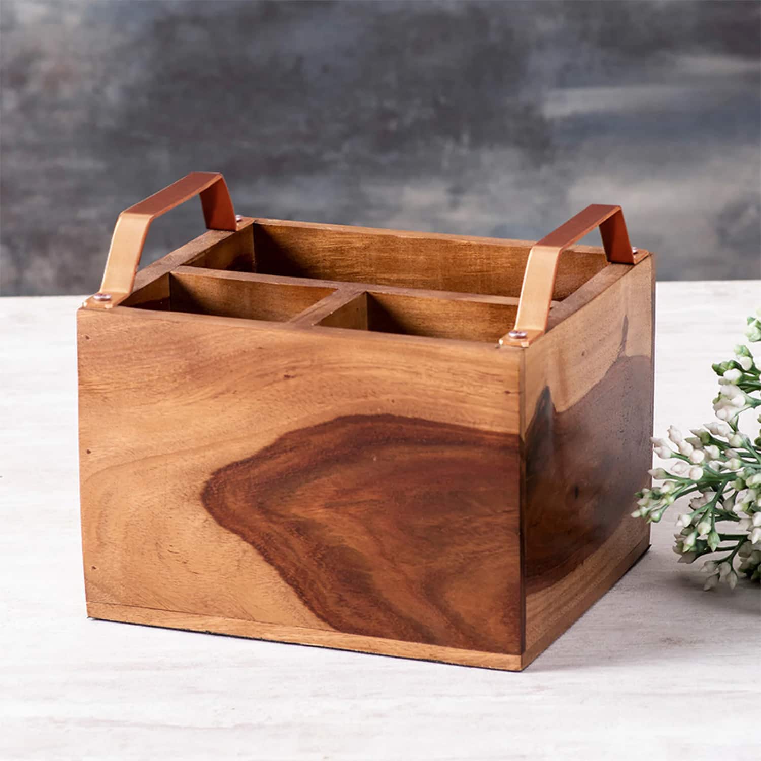 Inseparables Teak Wood Cutlery Holder Copper