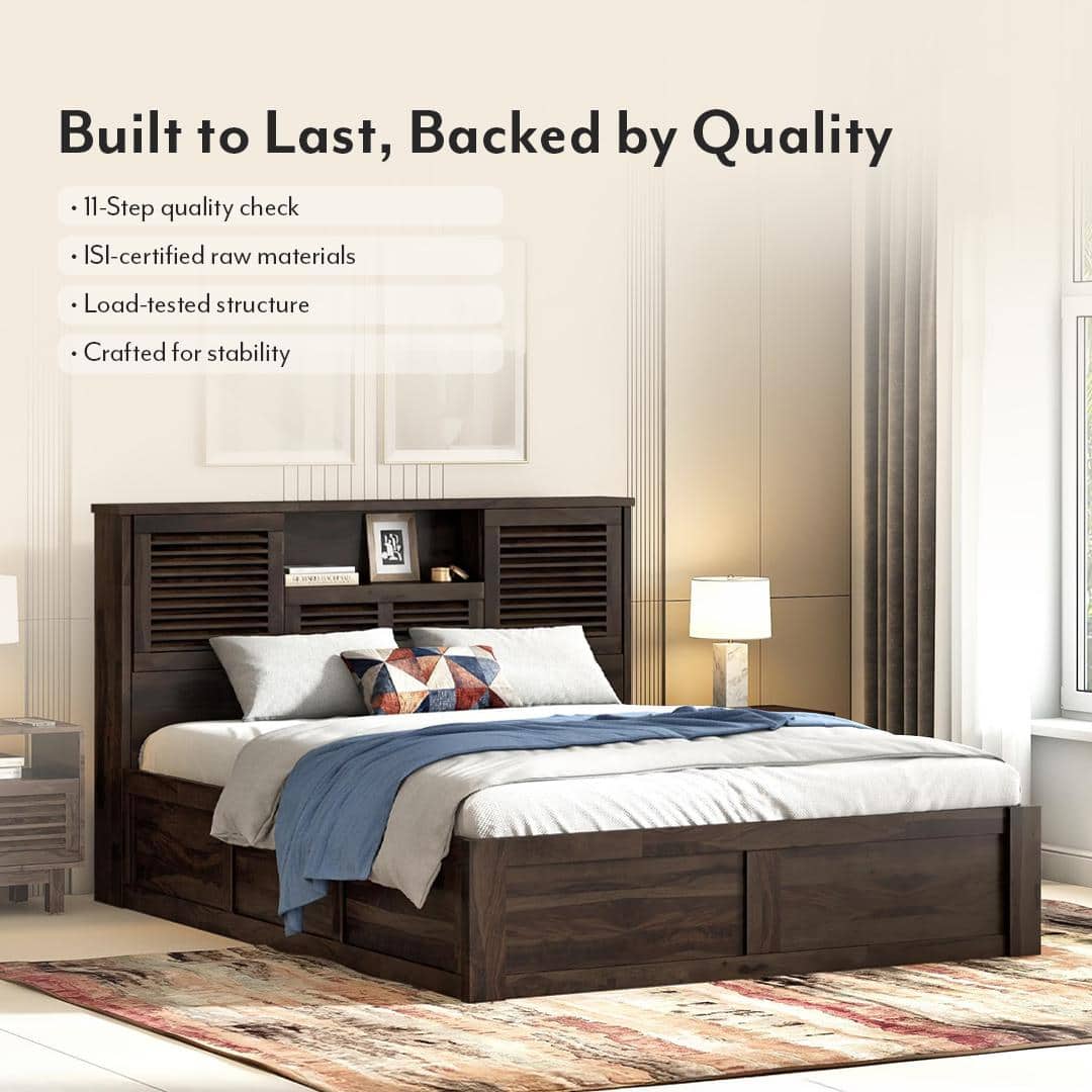 Cambry Queen Size Hydraulic Storage Bed With Headboard Storage Bed In American Walnut Finish