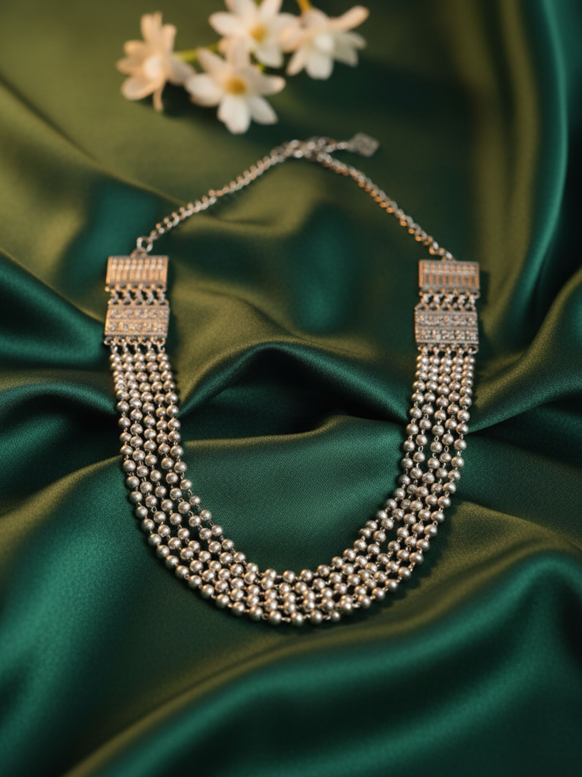Silver smithing long necklace worn on neck – Swadesh