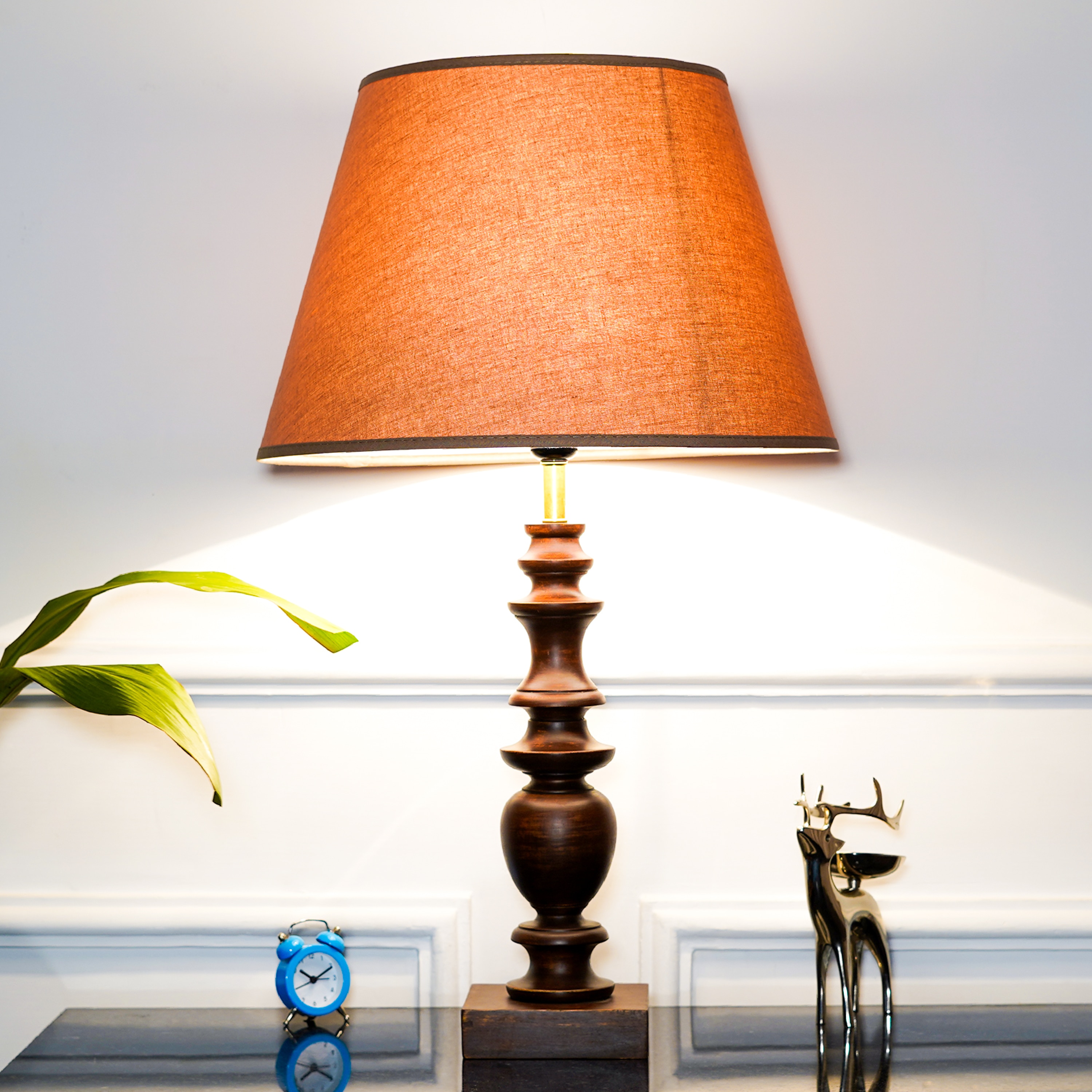 Akira hand crafted Solid wood walnut finish Table Lamp With Beige Cotton Shade - Kapoor Lamp Shades