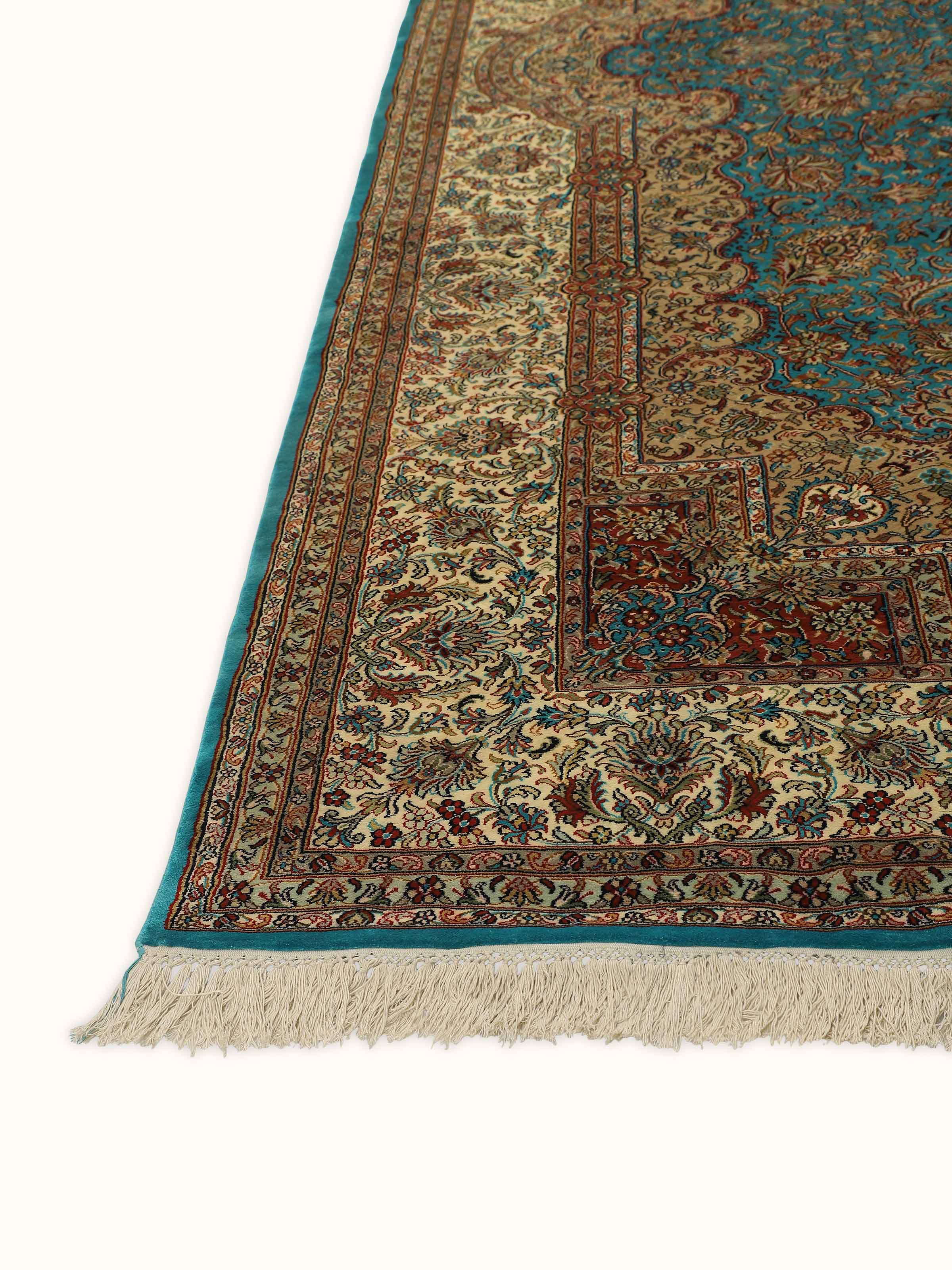 Traditional Persian Blue Tabriz Kashmir Silk Hand-knotted Rug
