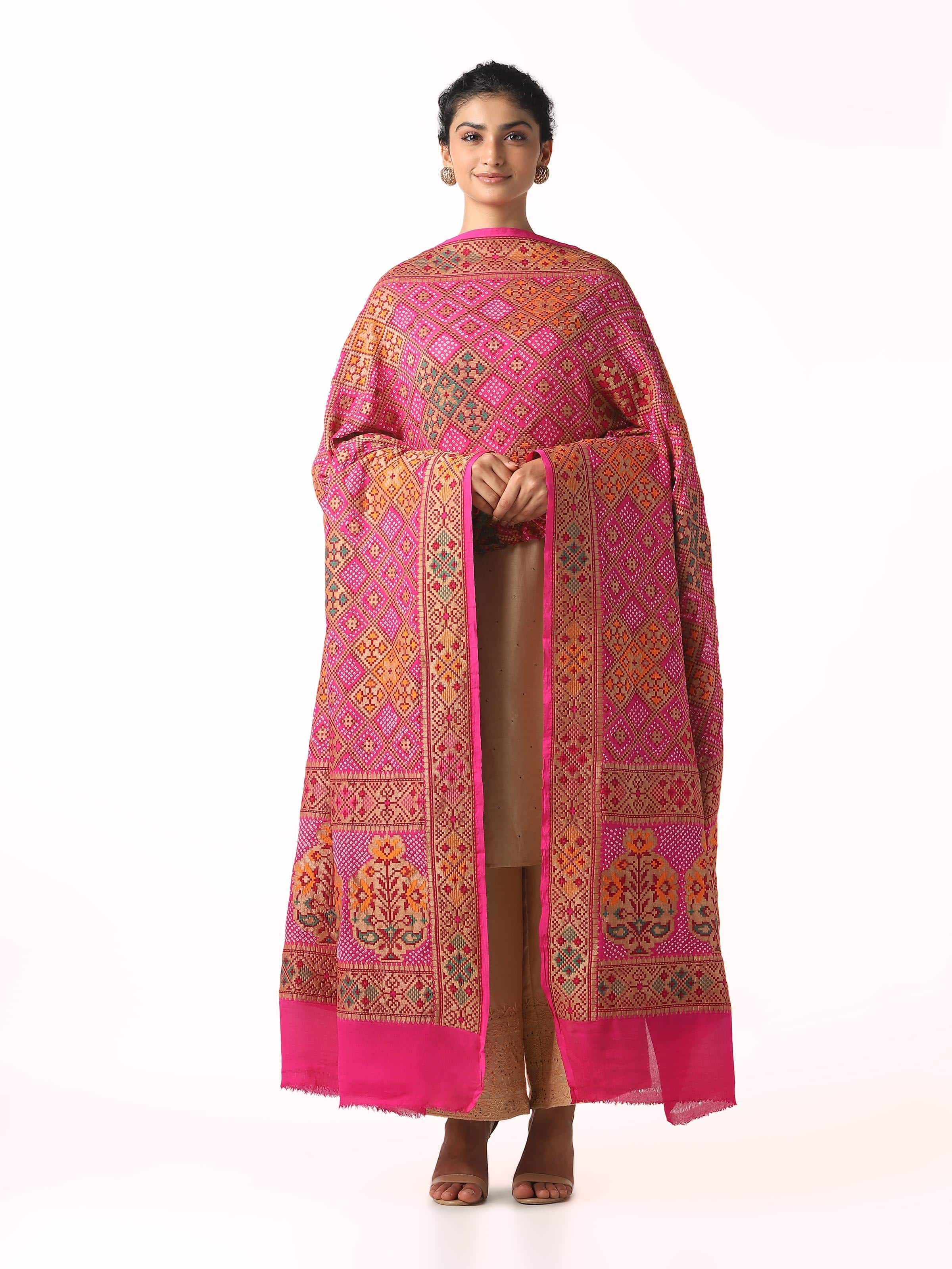 Pink Banarasi Crepe Bandhani Tie & Dye Dupatta