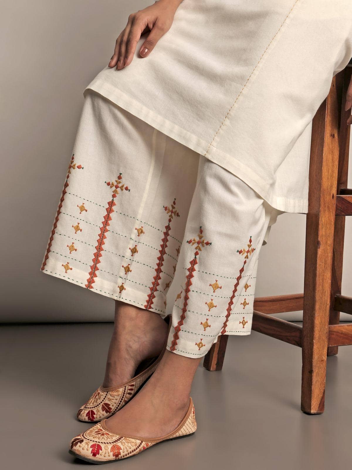 Close-up detail of Off-white Cotton Rajasthani Embroidered Palazzo emphasizing detailed threadwork and fabric softness.