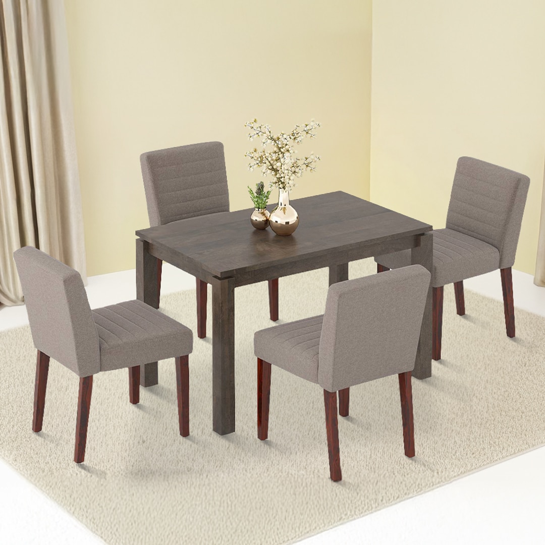 Atlas Solid Wood 4 Seater Dining Table with set of 4 Ludo upholstered dining chair in Shitake Beige fabric