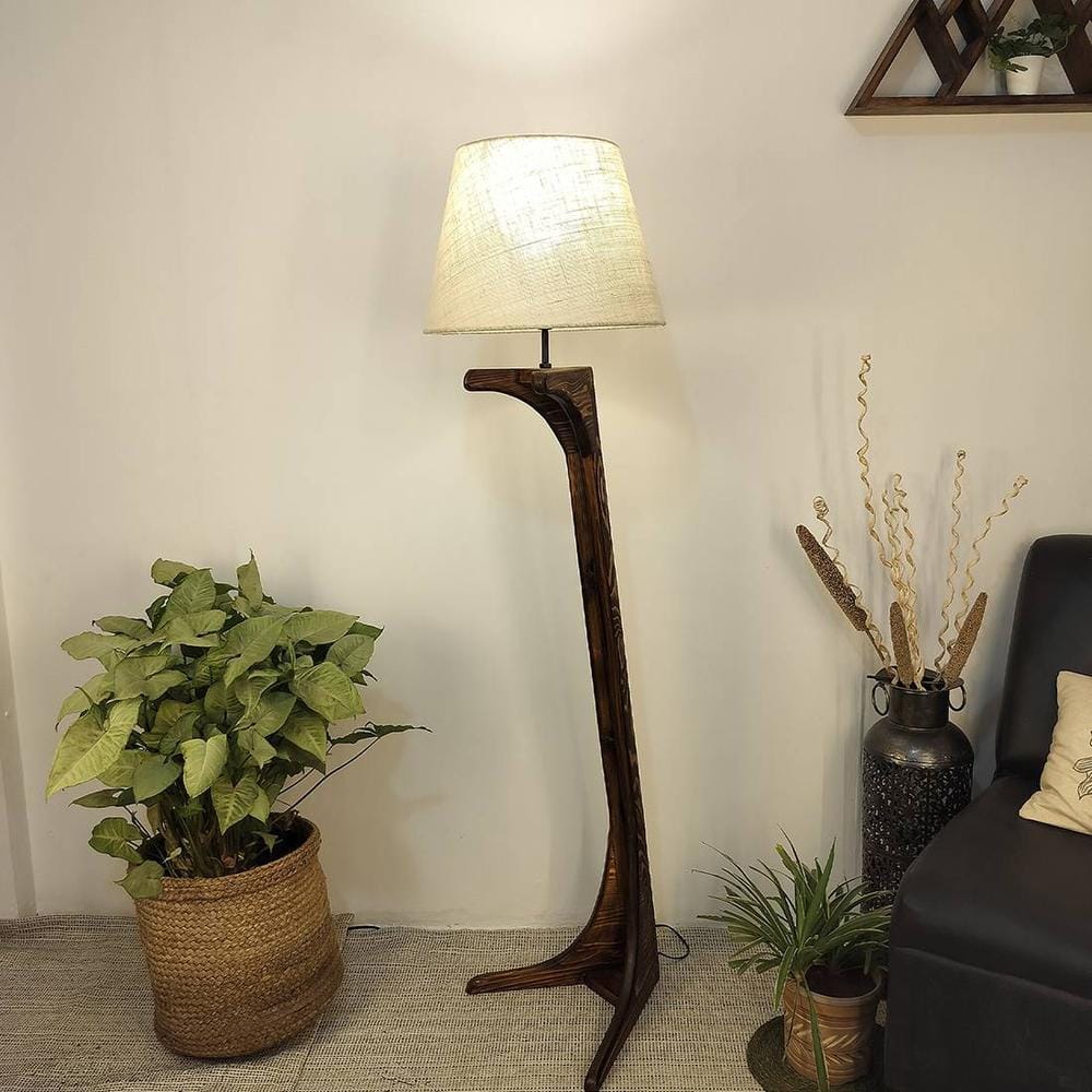 Lucas Wooden Floor Lamp with Brown Base and Jute Fabric Lampshade