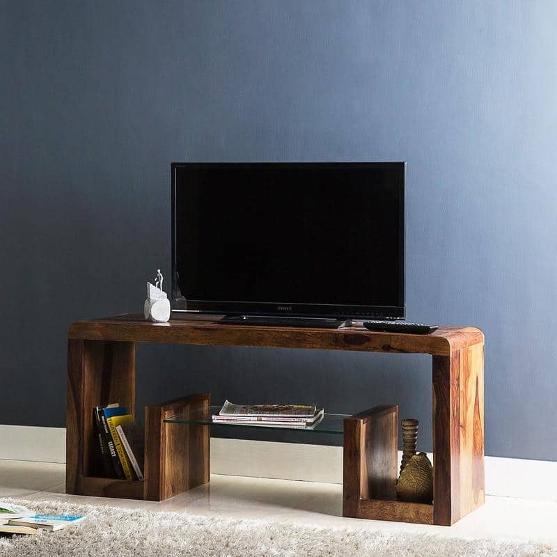 Allen Sheesham Wood Minimalist Tv Entertainment Unit For Tv Upto 55 Inch In Provisional Teak Finish