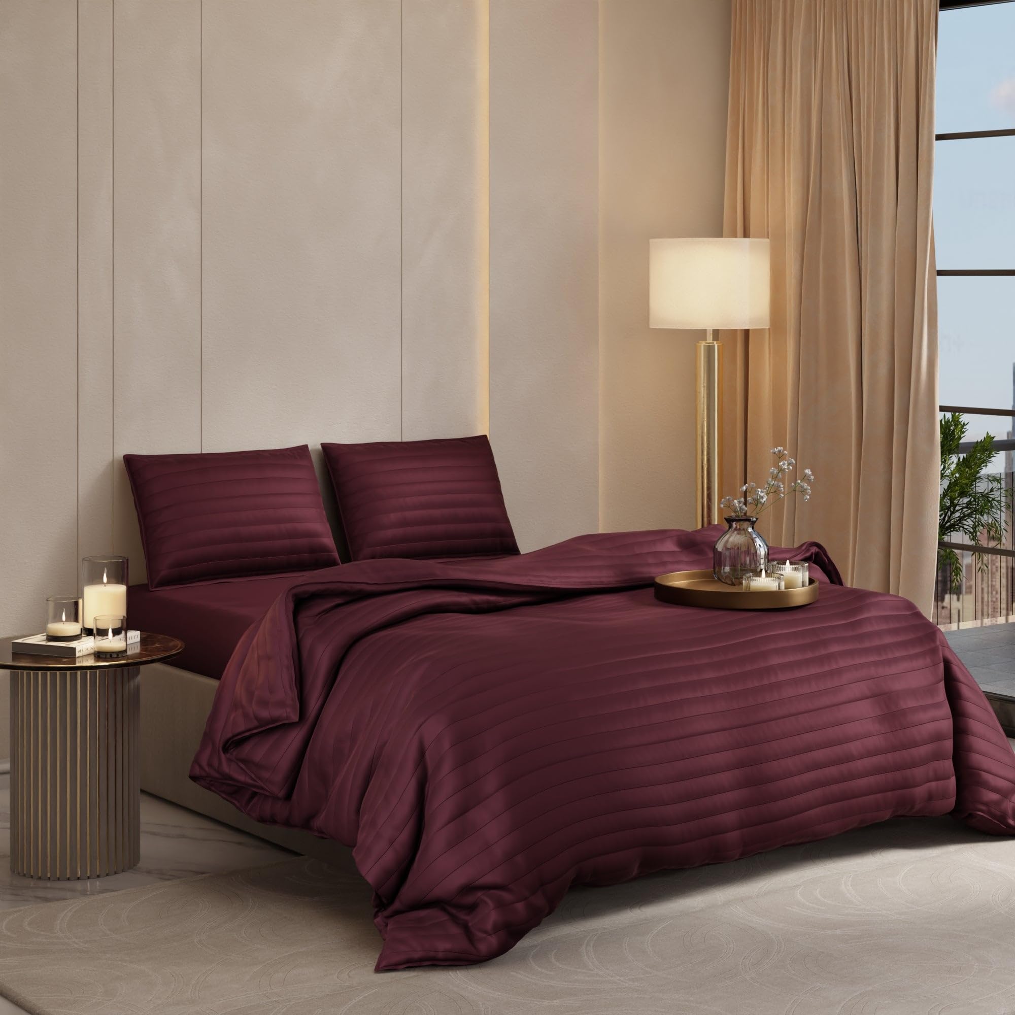 Stoa Paris Sateen Quilted King Size Bed Cover with 2 Pillow Covers (100 x 108) lted King Velvet Wine - Stoa Paris