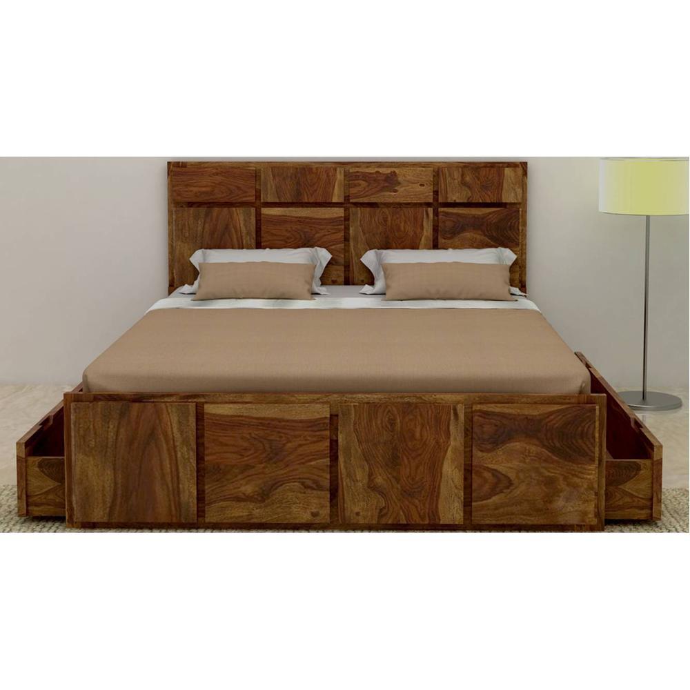 Sunburst Ratan Solid Wood Queen Size Storage Bed