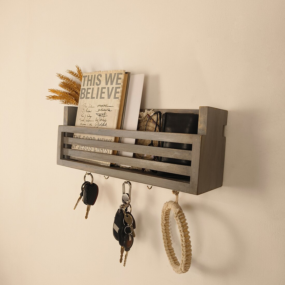 Claude Wooden Wall Shelf Organiser With Key Holders