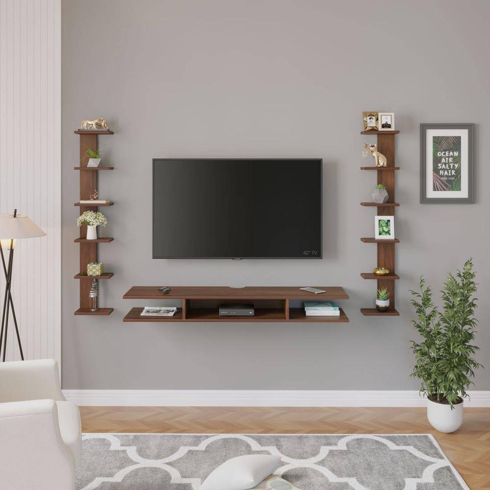Estoye Engineering Wood Wall Mount TV Entertainment Unit Set Top Box Stand/TV Cabinet with Shelves for Books & Décor Display Unit, Ideal for 55” (Brown Maple)