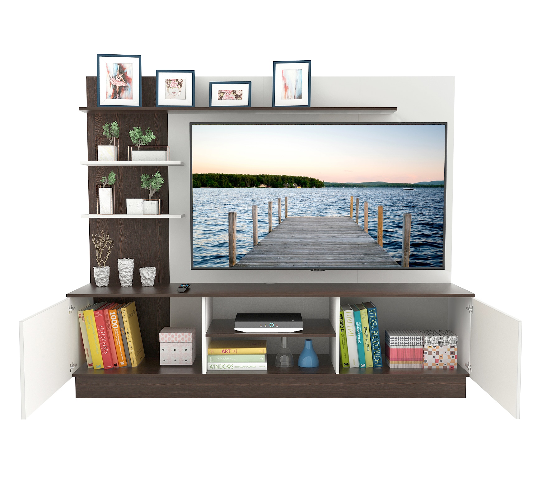 BLUEWUD Rowlet Large Engineering Wood Floor Standing TV Entertainment Unit Set Top Box Stand/TV Cabinet Panel with Shelves for Books & D�cor Display Unit Bed Living Room Upto 55 Inches (Wenge & White)