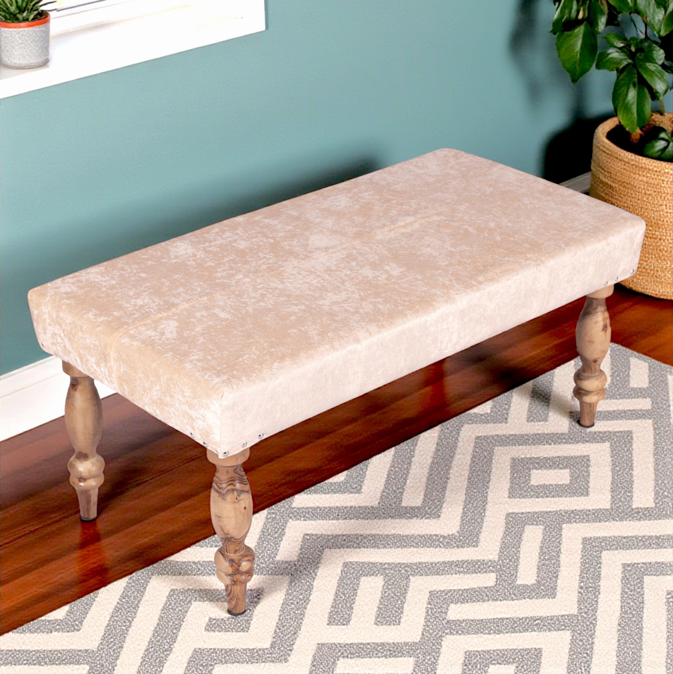 Bestone Solid Wood Bench In Ivory Sparkle Velvet Fabric