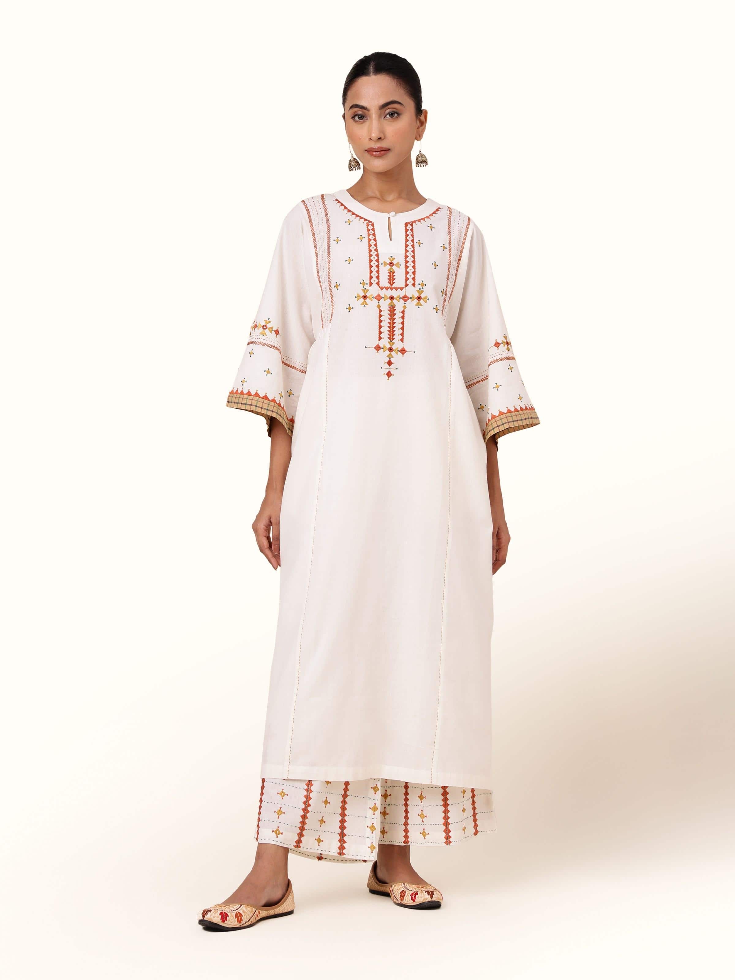 Front view of Off-white Cotton Rajasthani Embroidered Palazzo displaying lightweight cotton fabric with delicate Rajasthani embroidery.