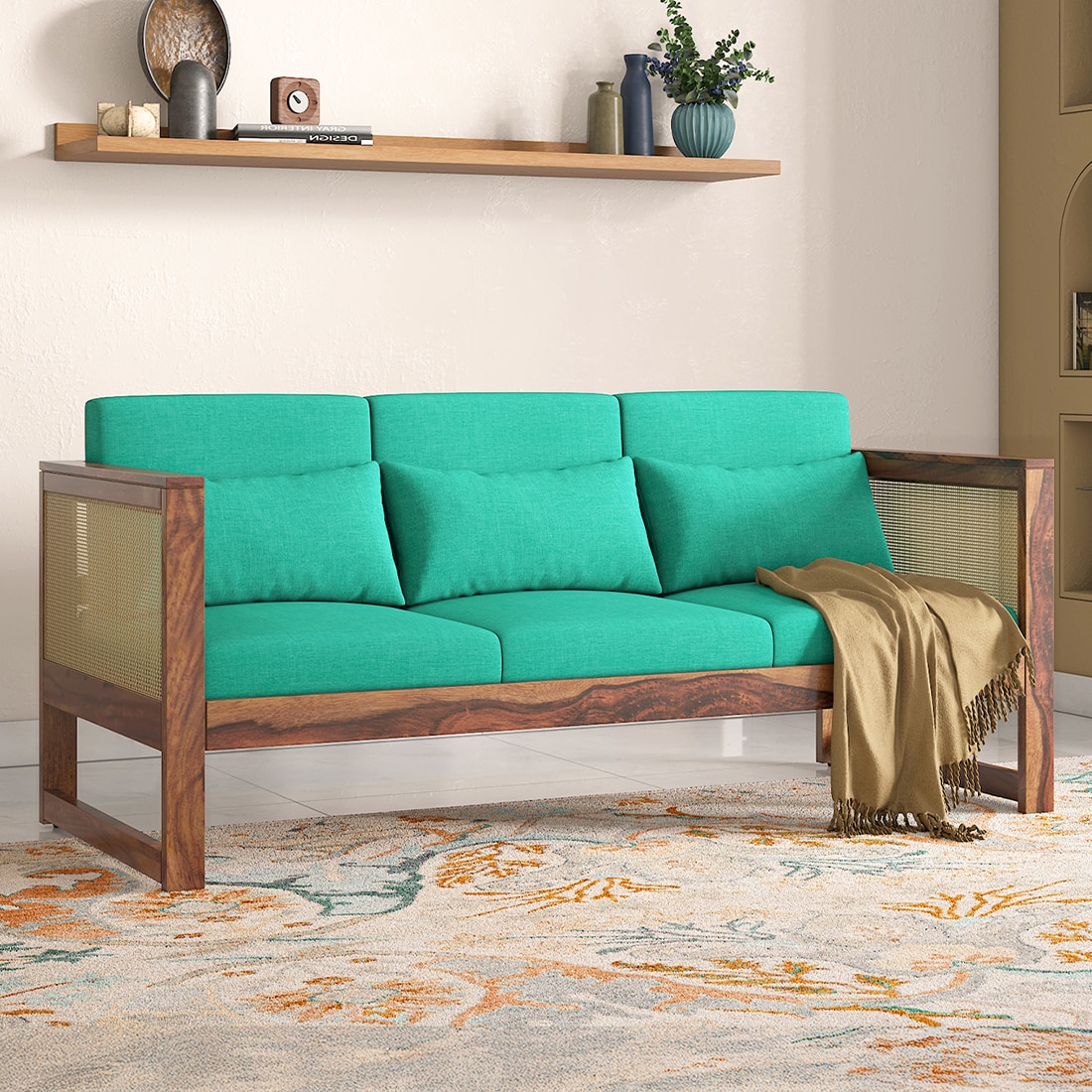 Korai Three seater sofa -Finish -Teak,Fabric - Lagoon Green Futon-image-3