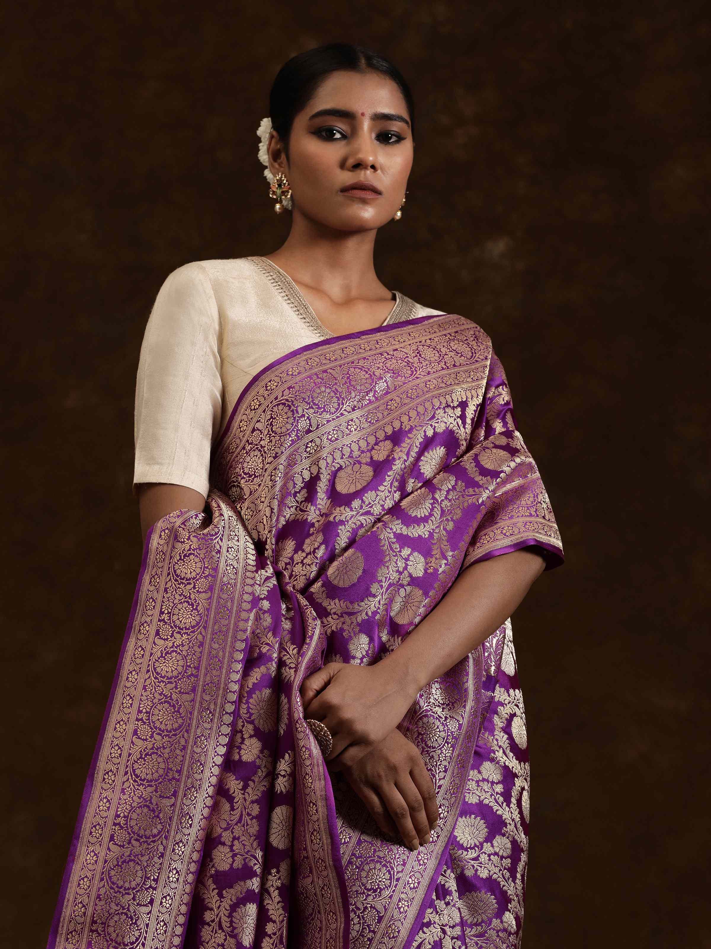 Purple Mulberry Satin Silk Banarasi Saree