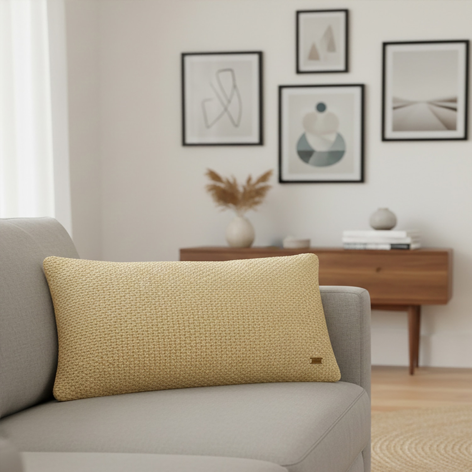 Moss Knit Foil Print Natural  And Gold Cushion Cover 12X20 Inches - Pluchi