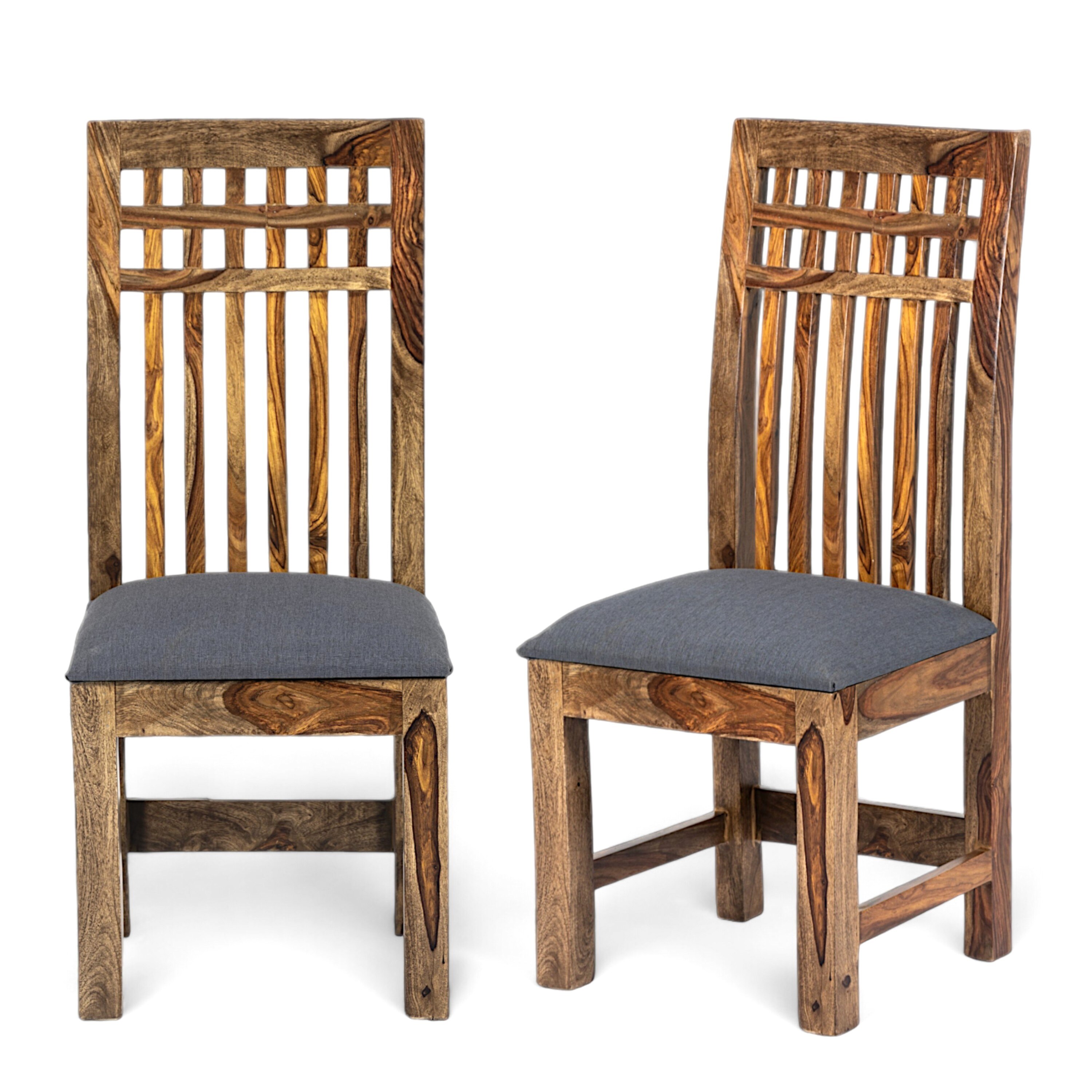 Columbus wood Set of 2 Dining Chairs in Anchor Grey Fabric Cushioning with TEAK FINISH
