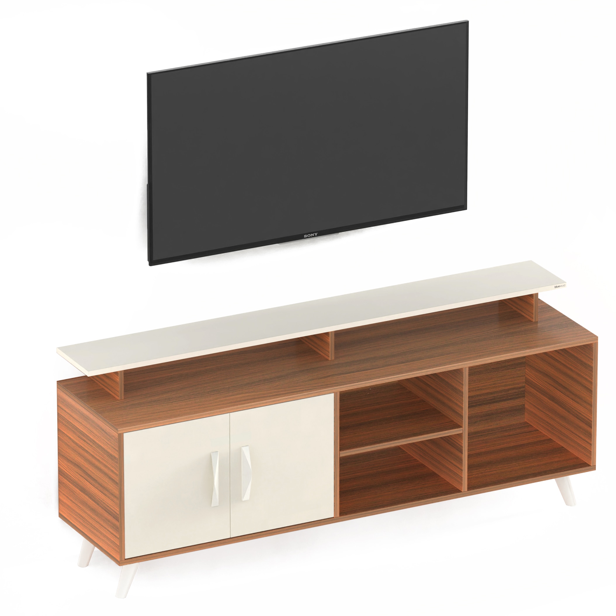 BLUEWUD Skiddo Engineered Wood TV Entertainment Unit Set Top Box Stand/TV Cabinet Panel with Shelves for Books & D�cor Display Unit Bed Living Room Upto 55 Inches - DIY (Walnut & White)