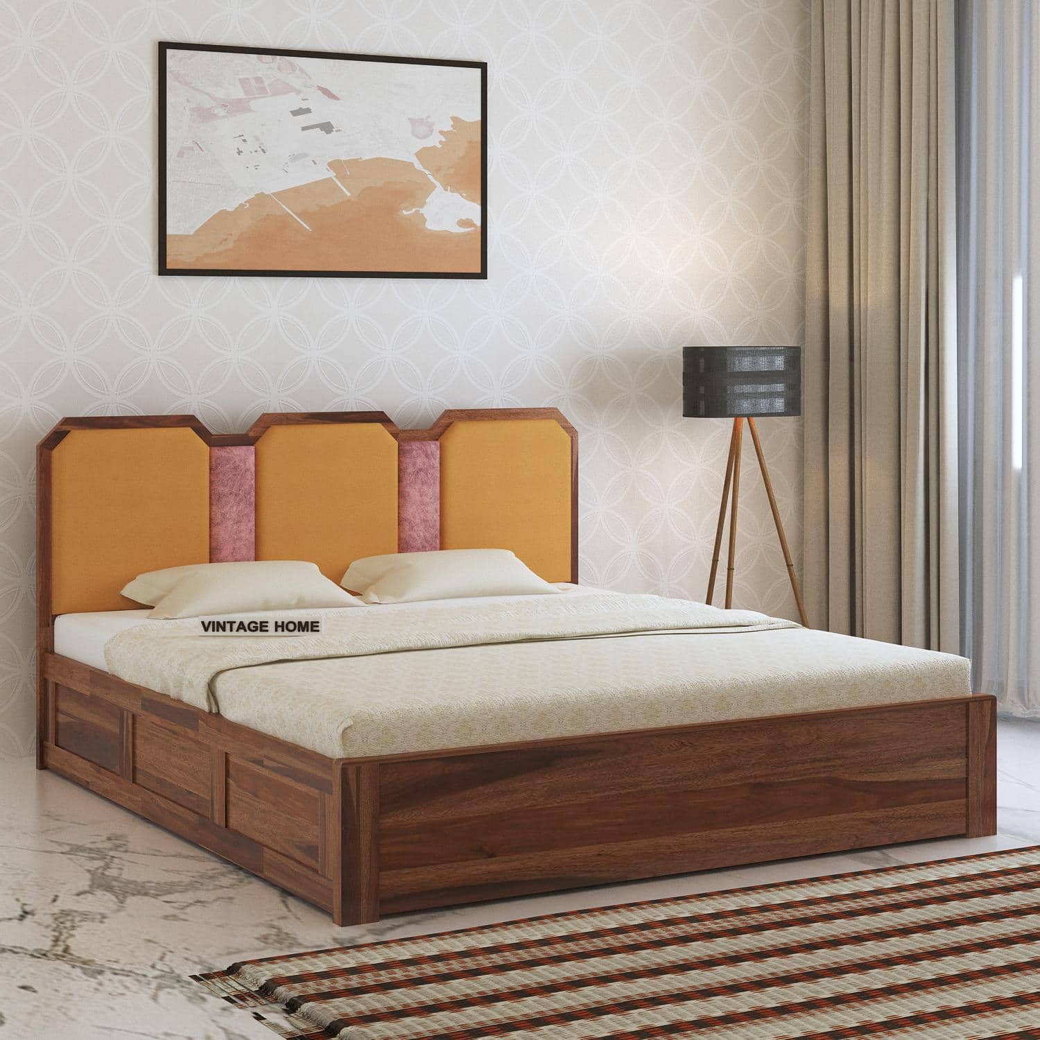 Classic Wooden King Size Bed With Box Storage in Provincial Teak Finish