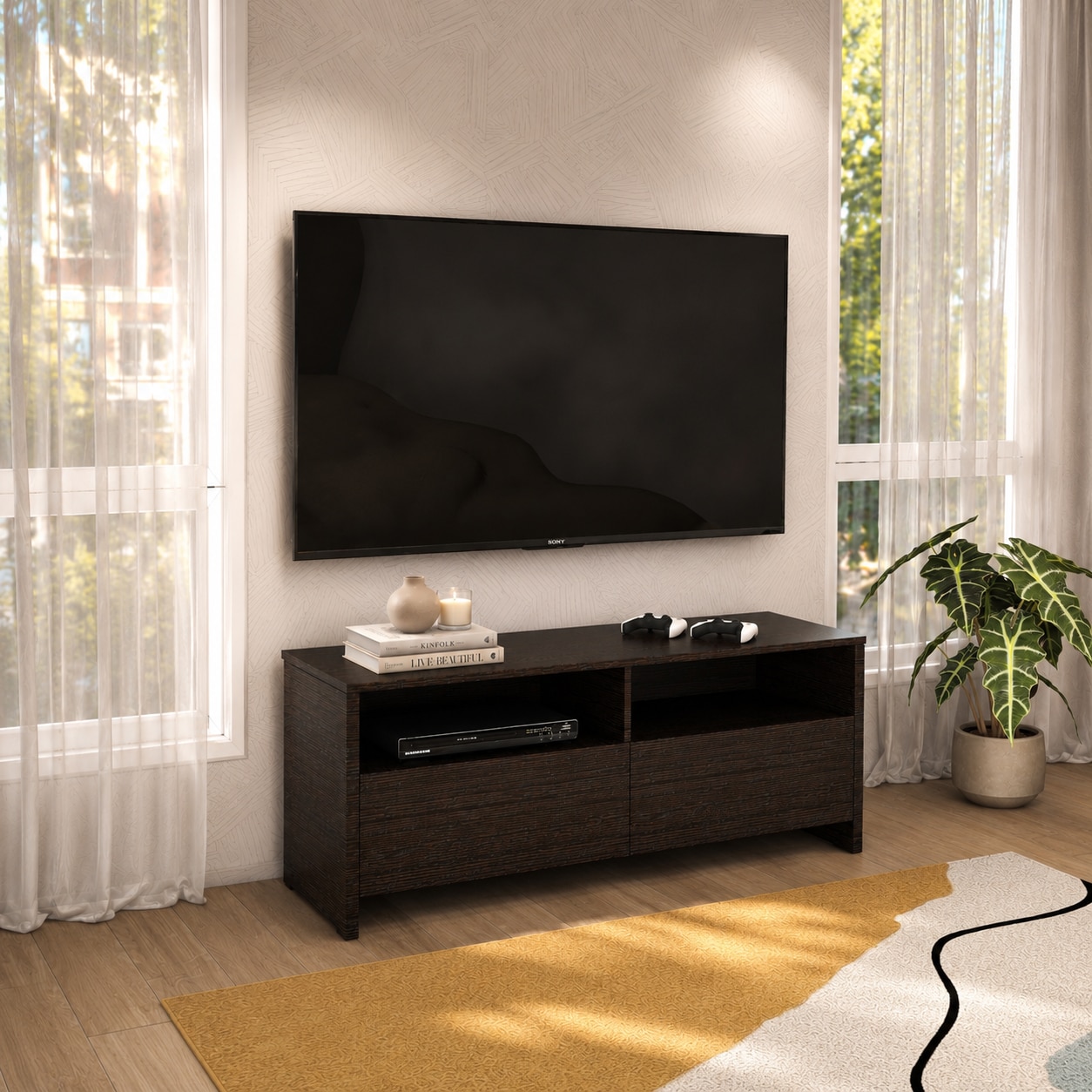 Zouk Engineered Wood TV Unit with Open Shelf and Cabinet in Wenge Finish