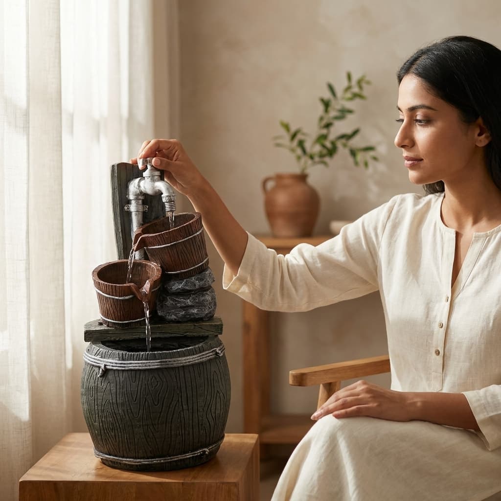 Water Fountain Rustic Barrel Cascade Water Fountain in Vintage Tap and Bucket in Multicolor Colour - Vedas