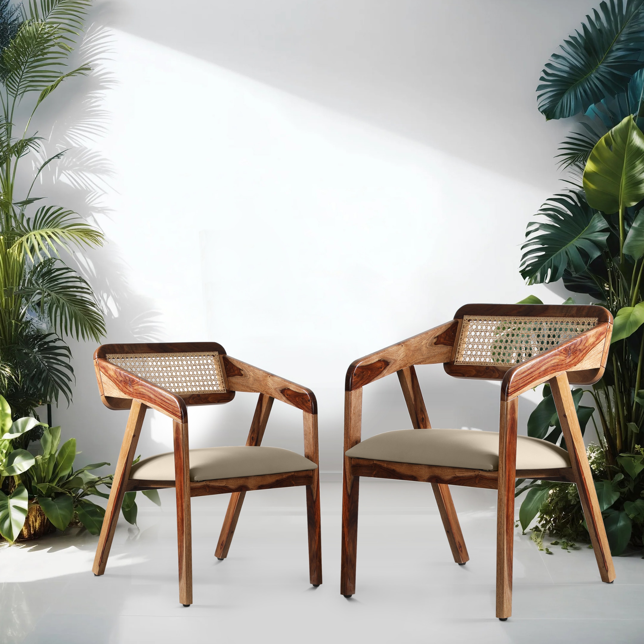 Globally Indian Sheesham Wood  6 Seater Dining Table Set With 6 Cushioned Cane Armchairs – Beige Color