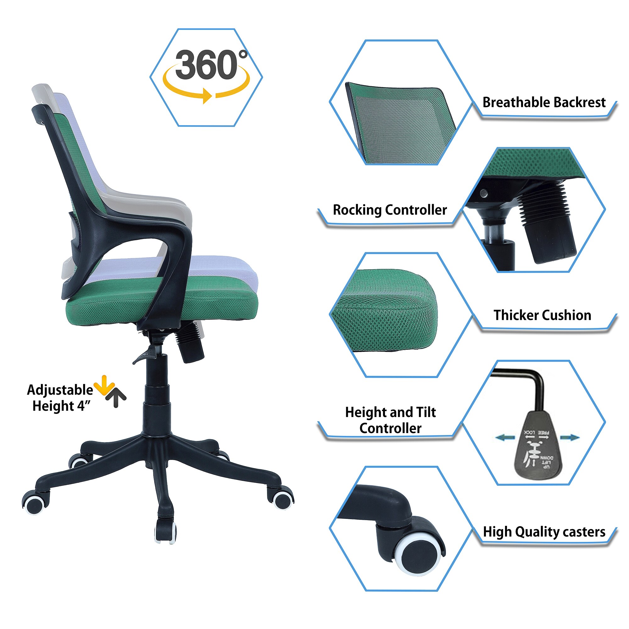 Ddeasirea Mid Back Ergonomic Chair in Dark Green Colour