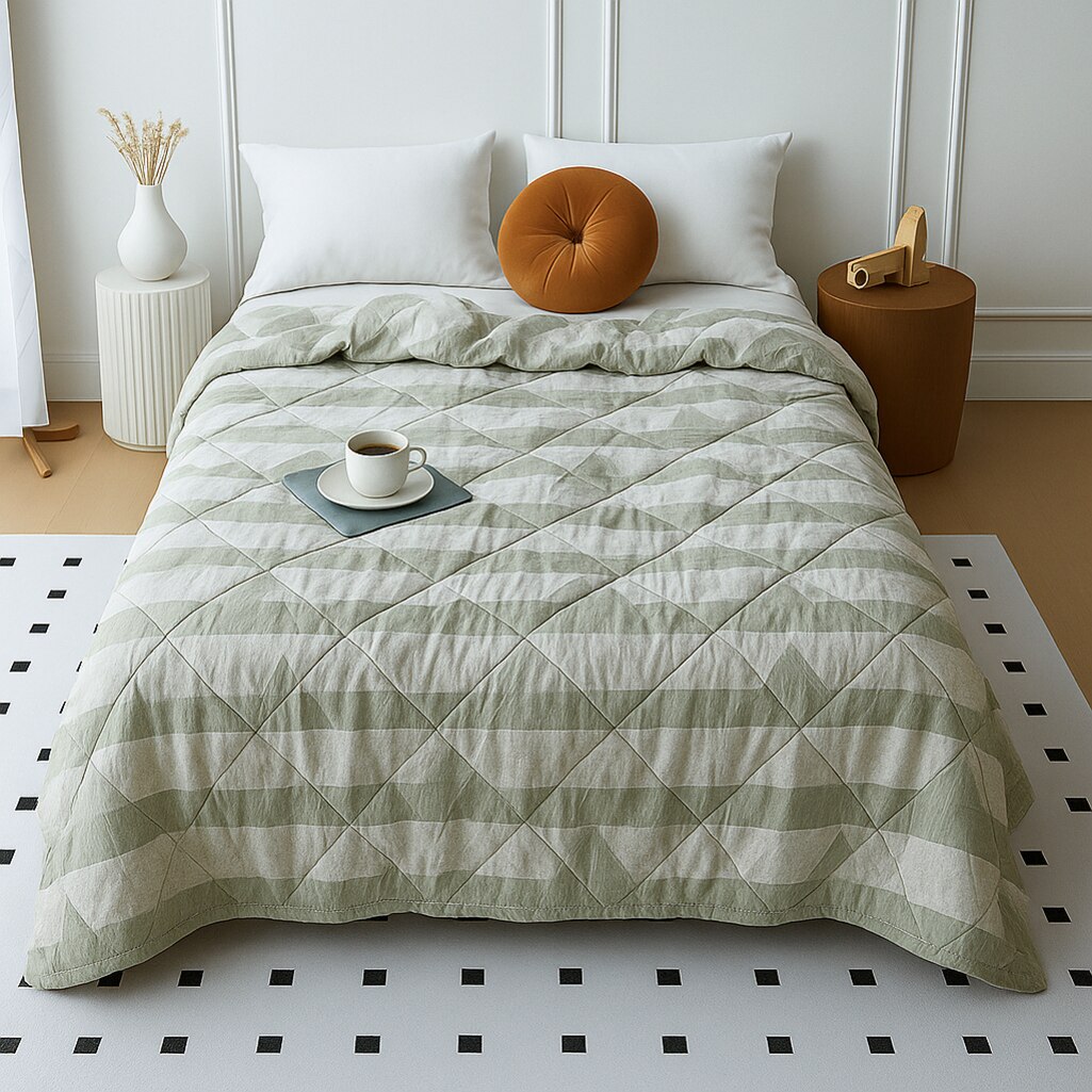 White& Green Geometric 300 Cms Cotton Double Bed Size Comforter From Threads