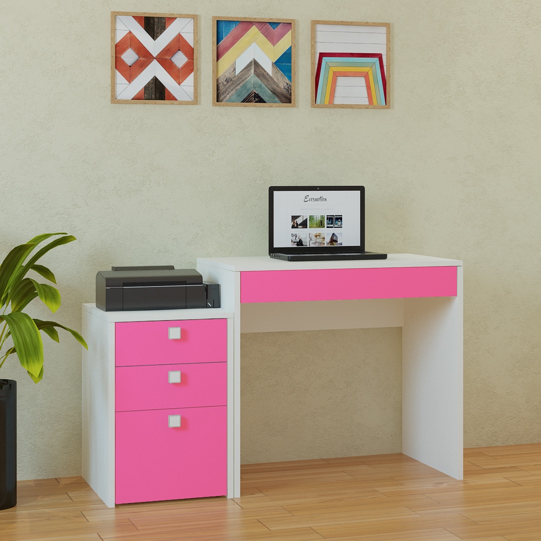 Eskada Kids Study Desk cum Printer Table with 4 Drawers in Barbie Pink Colour