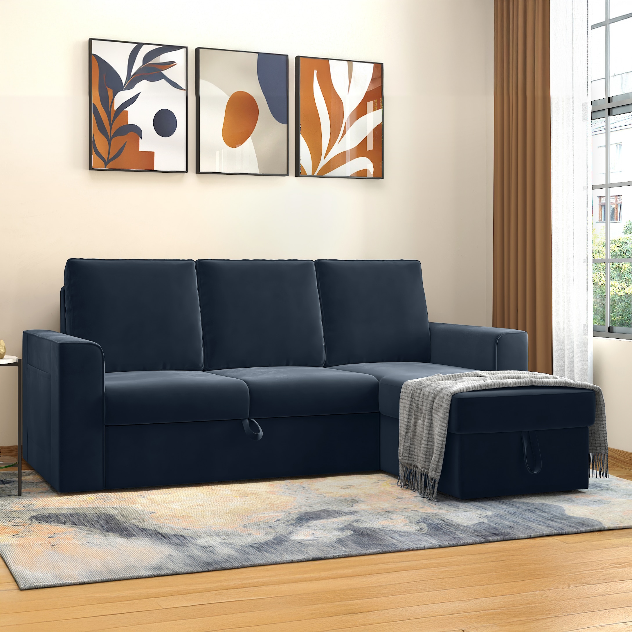 Kowloon Sectional Sofa Cum Bed with Storage in Indigo SeaPort Blue Velvet