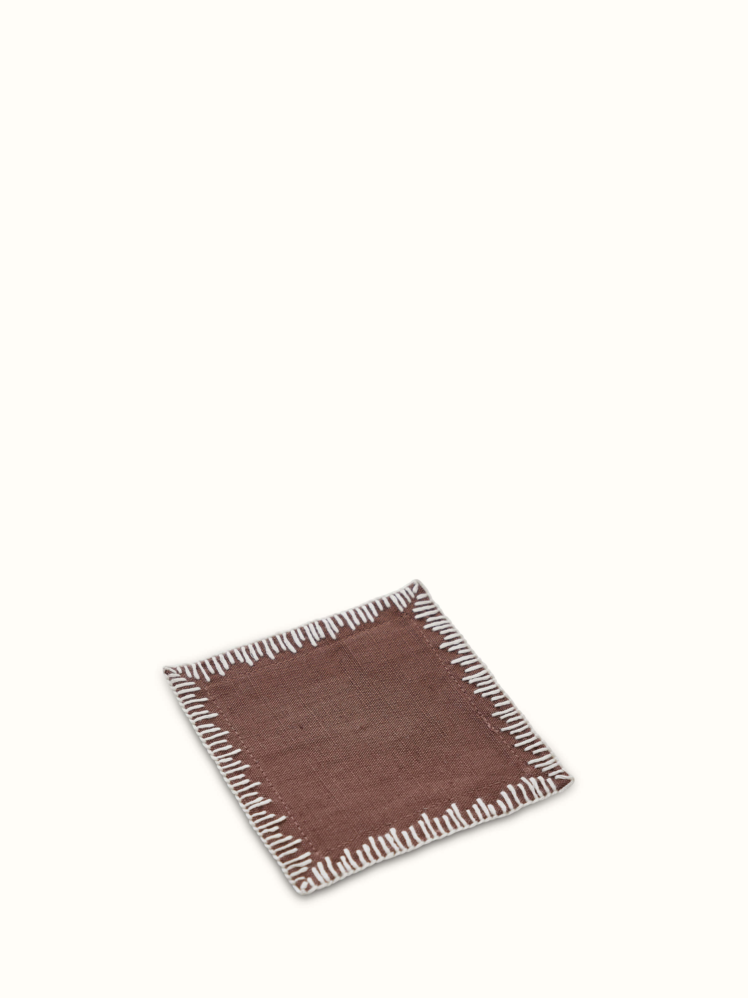 Parvat Brown Edge Stitch Linen Cotton Hand Embroidered Coaster (6 Pcs)