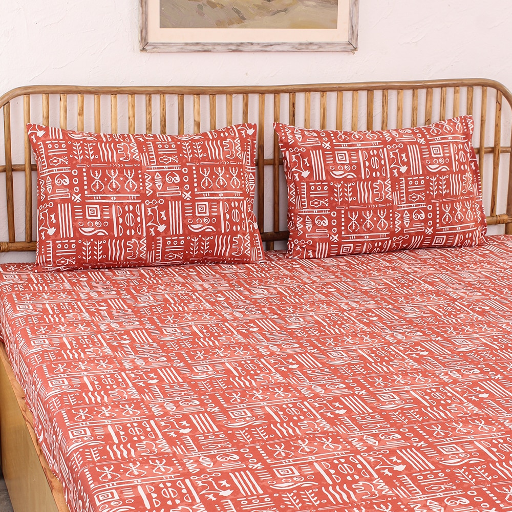 Gamathi 1 Double Bed Sheet & 2 Pillow Covers + 1 Double Duvet Cover with Rust colour