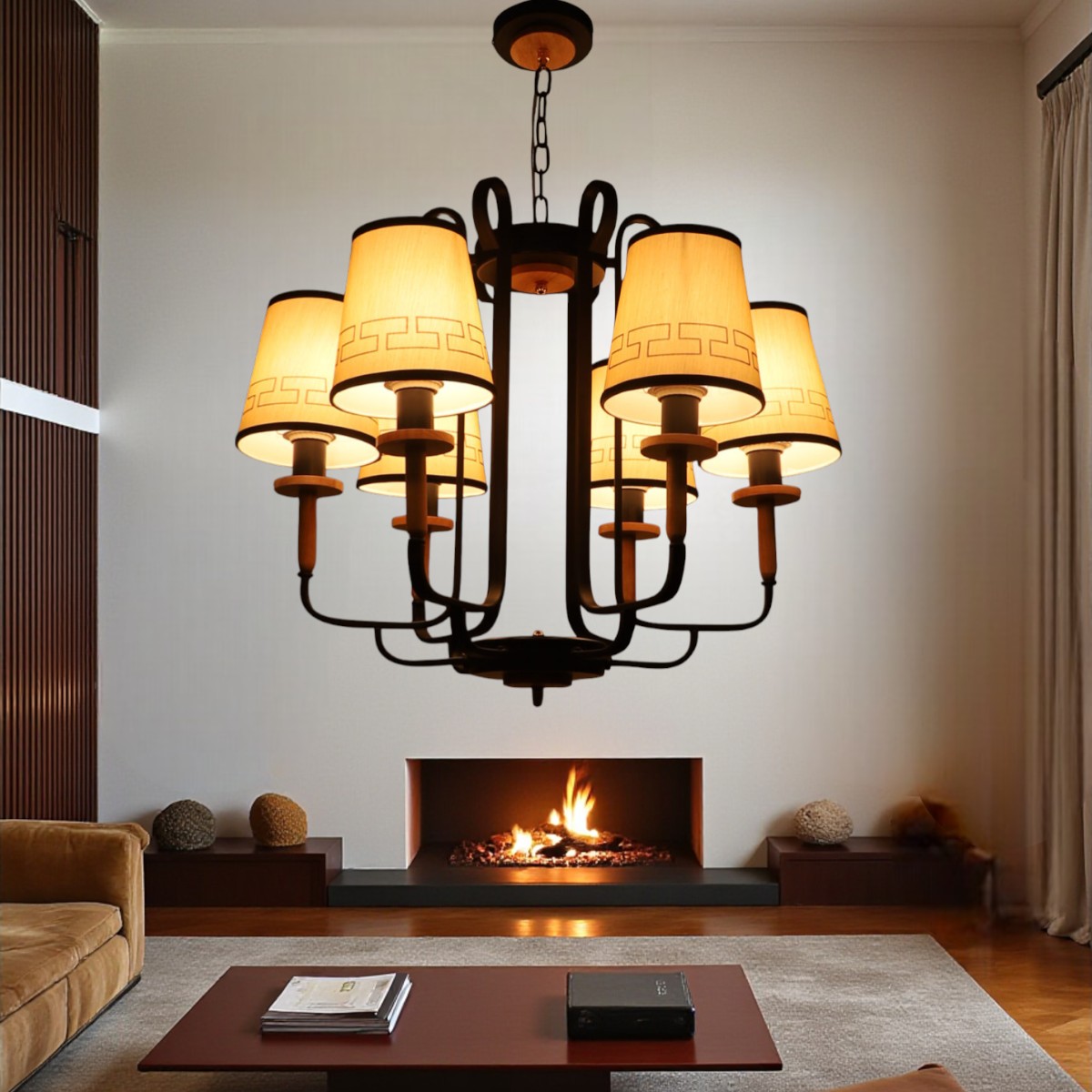 Eliante 6-Light Chandelier, Mild Steel And Wood With Fabric Shades, Modern Ceiling Fixture - Eliante